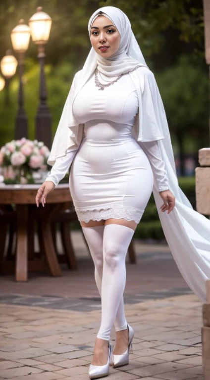 RAW, Best quality, high resolution, masterpiece: 1.3), beautiful Malay woman in hijab, Masterpiece, perfect slim body, big breasts, beautiful big eyes, Soft smile, wearing a white sexy wedding dress, thigh high stockings, silver high heels, necklace, walking around evening, City park, Great lighting, Bright colors, Bright lines