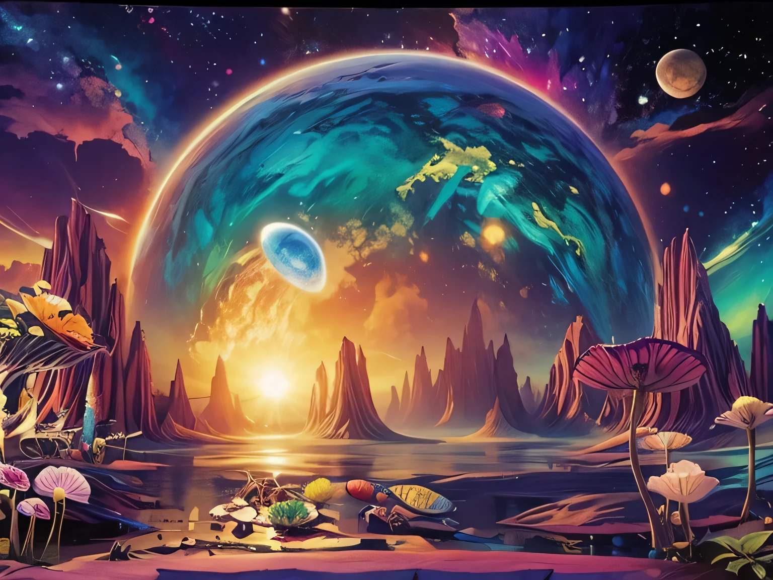 A colorful landscape painting，The painting features a huge moon and a lake, Whimsical and psychedelic, Psychedelic Flower Planet, psychedelic landscape, psychedelic atmosphere, Alien paradise, On a colorful alien planet, Tapestry of Dreams, psychedelic aesthetic, surreal alien kingdom, alien world, Detailed dreams, fantasy planet, The space behind dmt, cosmic and colorful,tree of Life