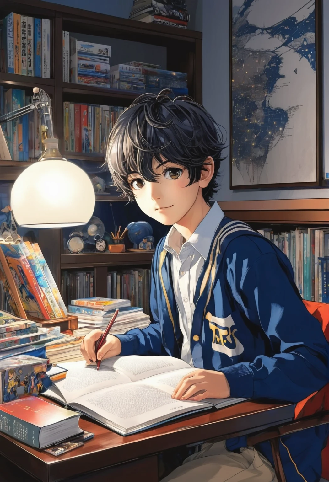 A little boy focus to study in his room at the midnight with style manga. 