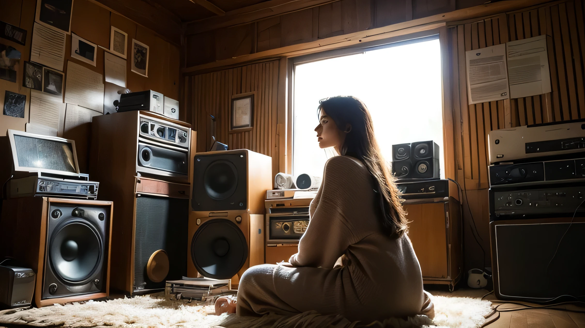 grainy old realistic photo of a beautiful female singer sitting in a crowded messy dusty, Cozy audio studio with vintage amplifiers, Seen, old used speakers, electric wire, microphone, Audio equipment, In 1973, Posters on the wall, Paper notes on the floor, extremely high quality, Volumetric lighting, Light shines in through the windows, movie lighting, backlight, crimson sunset, depth of field, vintage, low angle shot, view, ambient occlusion, misty, old, warm, close, perfect anatomy, symmetrical face, 70s fashion by Chris Burkard