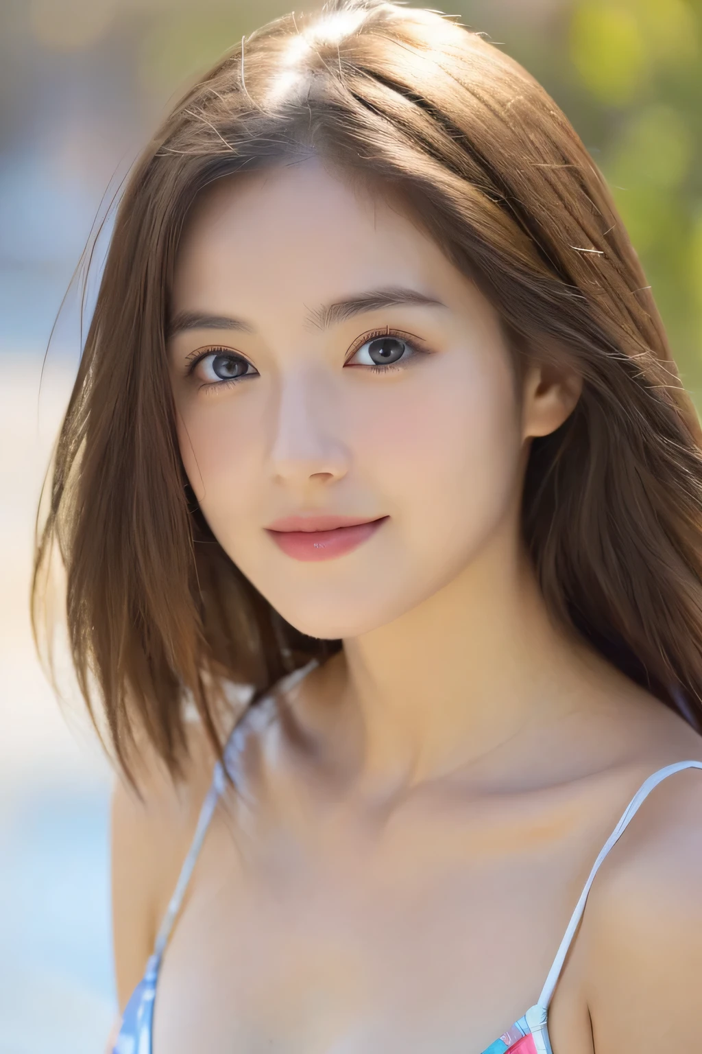 (((32k,high details,high detail、masterpiece,attention to detail,alone))),Raw photo & realistic atmosphere,beautiful dark blue eyes,detailed mouth,glossy lips,thin eyebrows,fine eyes、Soft white skin that shines in every detail、her deep black eyes are so beautiful,lip details、very beautiful face,very well-shaped face、lifelike face,shining beautiful lips,beautiful eyebrows,infinite reality, Realistic young gravure idol,she'she'she'she'she'she's a very cute woman , young gravure idol, young gravure idol, Very beautiful and cute 21 year old beautiful girl,incredibly beautiful and classy,21 year old beautiful girl,natural soft light,(shiny hair,,Beautiful and kind eyes:1.5),gentle smile,good shape big breasts,medium long hair,beautiful posture,no makeup,think ahead,bikini,Ocean,whole body,whole body photos,