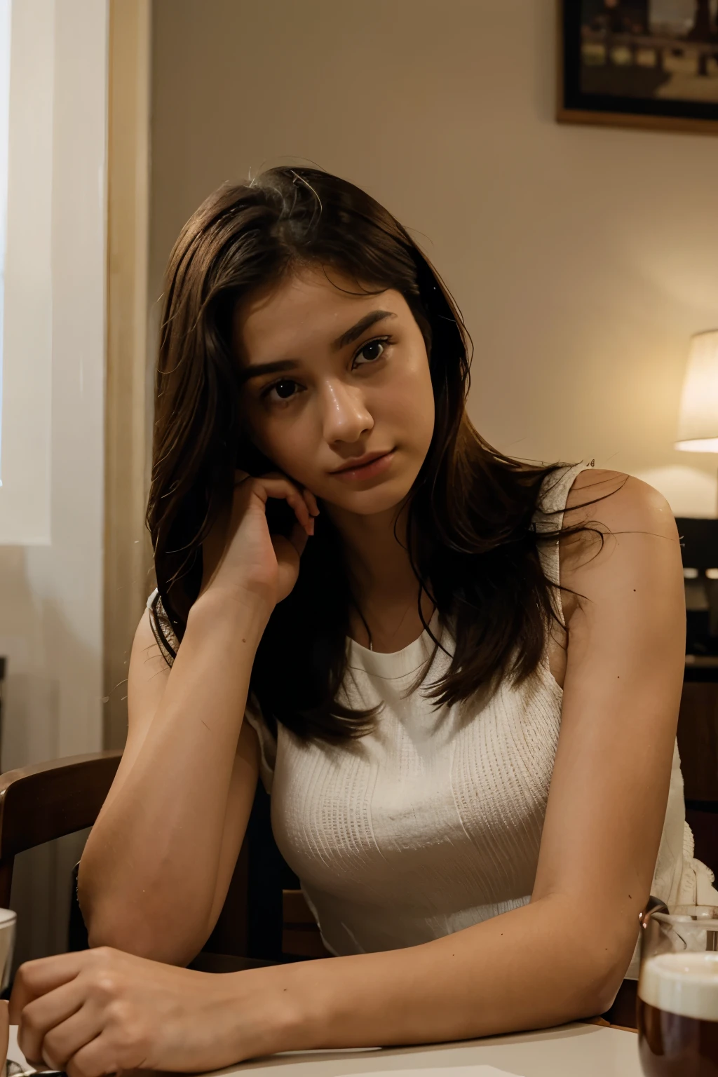 there is a woman sitting at a table with a remote control, 18 years old, she is about 20 years old, she is about 20 years old, 19-year-old girl, julia sarda, very very low quality picture, kailee mandel, dilraba dilmurat, serena malyon