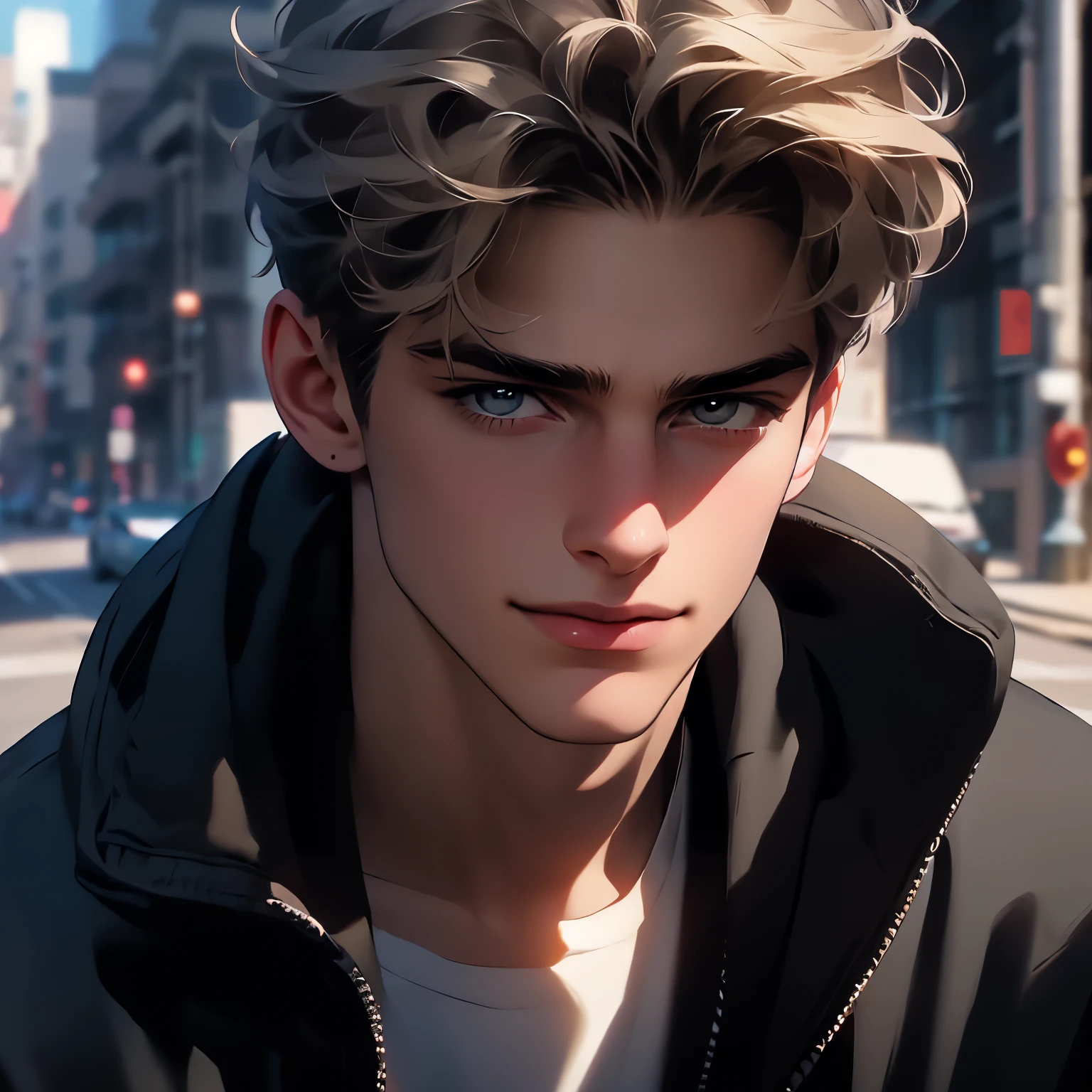 a handsome European male in early twenties looking up with cynical smile, short grayish khaki hair, (((street snap))), wearing black hoodie and blue jeans with his hands in pockets, busy afternoon street with sunlight, highly detailed, cinematic lighting, unreal engine, surrealistic, ultra quality, (((masterpiece))),