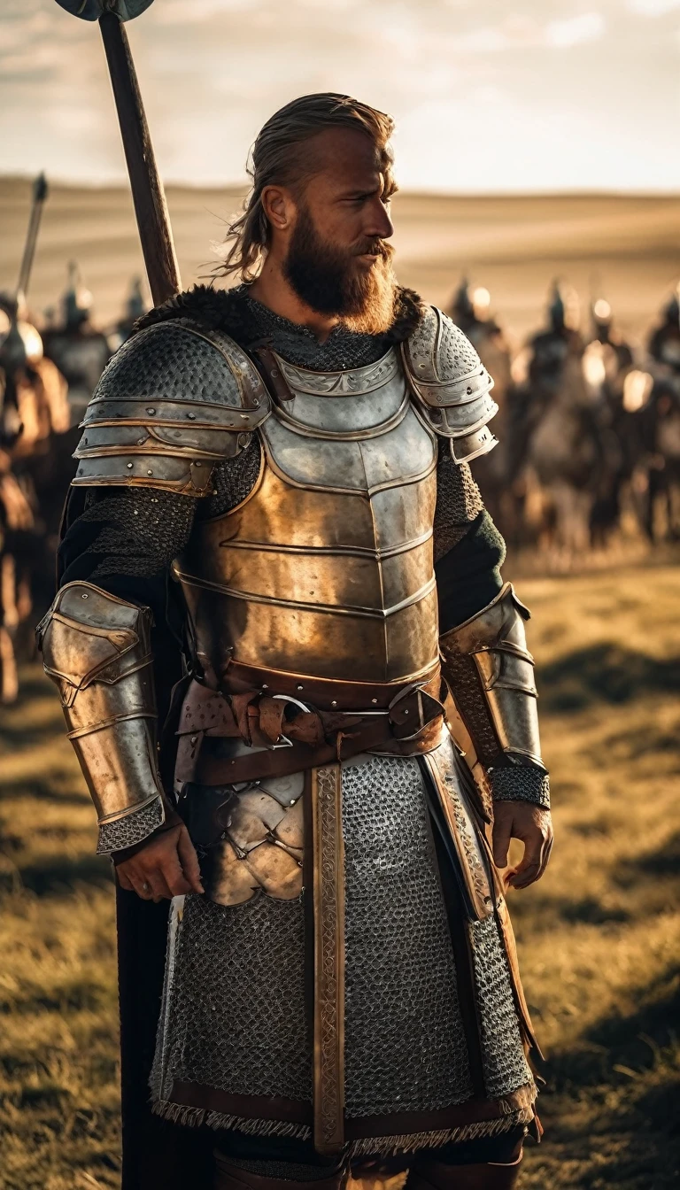 Arafed man in armor standing in front of a line of soldiers, VIQUINGUES, Cultura Viking, guerreiro Viking, Guerreiro Viking antigo, an epic viking battle scene, viking and templar aesthetics, estilo Viking, norse warrior, armadura Viking, epic viking king, traje Viking, wearing norse armor, armadura Viking detalhada, Viking, Rei Viking, usando roupas VIQUINGUES, (best quality, ultra-detailed, realistic: 1.37), ancient art style, golden hues, evening sunlight, dramatic shadows, courageous poses, historical accuracy, war art, intense lighting, epic realistic, Soft cinematic portrait, adobe lightroom, photographic lab, altamente detalhado, desbotado, (cores neutras: 1,2), (hdr: 1,4) , (cores suaves:1.2), hiperdetalhado, (artstation:1.4), cinemactic, luzes quentes, dramatic light, (detalhes intrincados:1.1), fundo complexo, (rutkowski:0.66), (azul e laranja:0.4), 8K