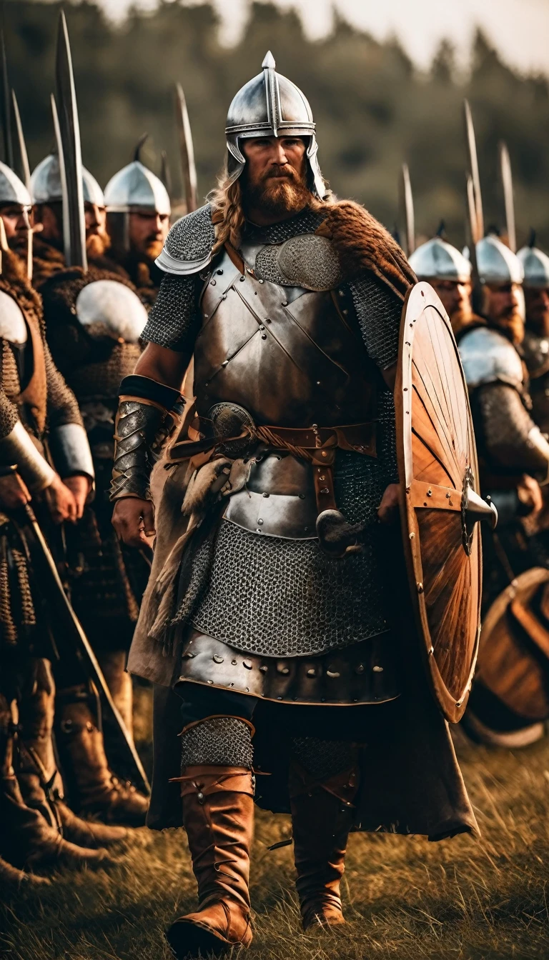 Arafed man in armor standing in front of a line of soldiers, VIQUINGUES, Cultura Viking, guerreiro Viking, Guerreiro Viking antigo, an epic viking battle scene, viking and templar aesthetics, estilo Viking, norse warrior, armadura Viking, epic viking king, traje Viking, wearing norse armor, armadura Viking detalhada, Viking, Rei Viking, usando roupas VIQUINGUES, (best quality, ultra-detailed, realistic: 1.37), ancient art style, golden hues, evening sunlight, dramatic shadows, courageous poses, historical accuracy, war art, intense lighting, epic realistic, Soft cinematic portrait, adobe lightroom, photographic lab, altamente detalhado, desbotado, (cores neutras: 1,2), (hdr: 1,4) , (cores suaves:1.2), hiperdetalhado, (artstation:1.4), cinemactic, luzes quentes, dramatic light, (detalhes intrincados:1.1), fundo complexo, (rutkowski:0.66), (azul e laranja:0.4), 8K