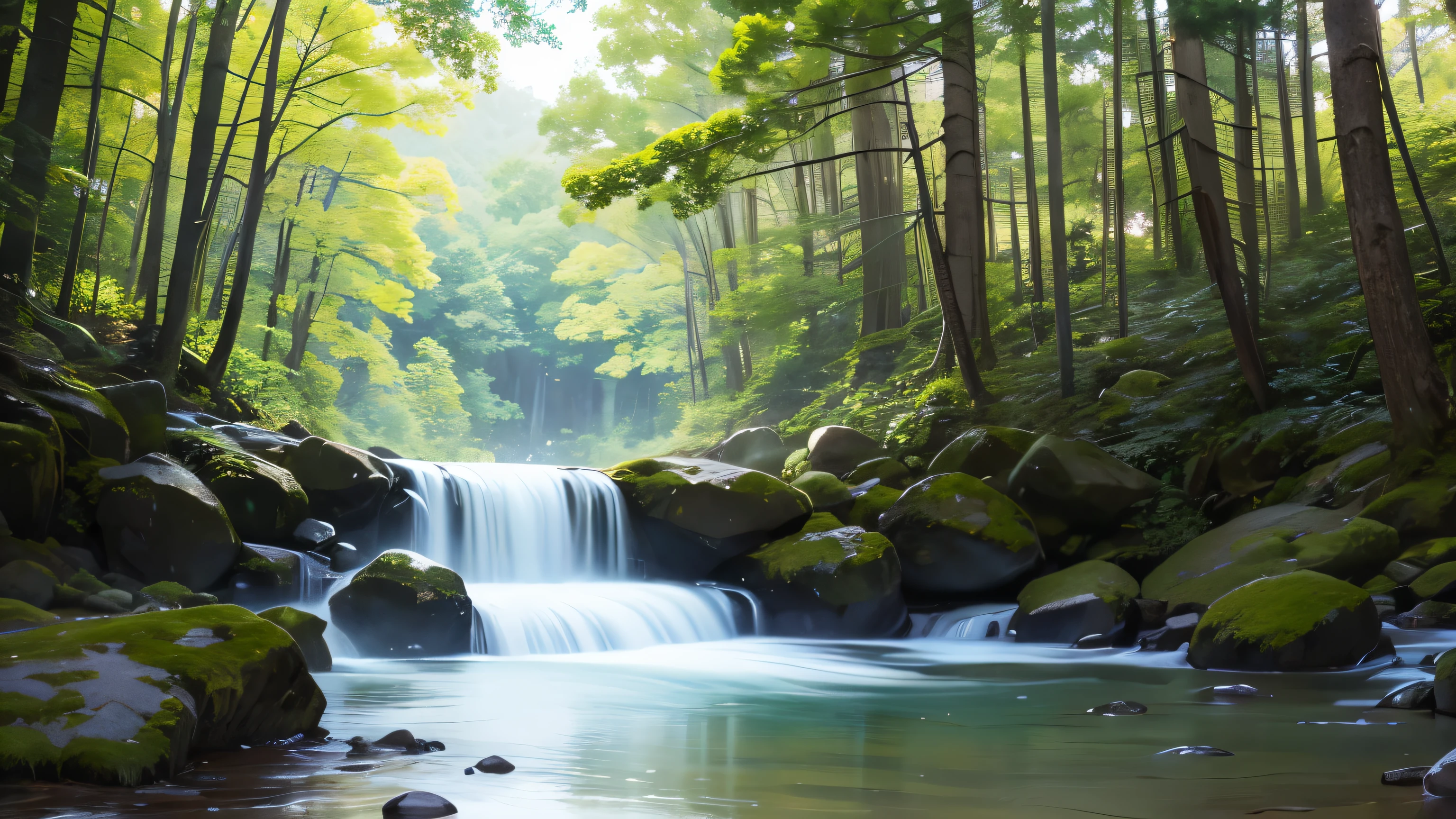 I took a photo of a peaceful moment spent in nature..。wood々Imagine a peaceful landscape bathed in soft morning light.。.。a gentle meandering stream、Surrounded by lush greenery。The overall atmosphere is calm and connected to the natural world.、Highlights the beauty and serenity of outdoor moments。