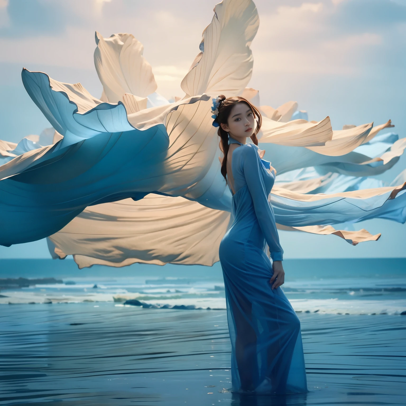 realistic, realistic, photography, masterpiece, best quality, super detailed, 1 girl, water, flower, blue theme, dress, moon, standing in water, flowing dress, flowers, petals, minimalism, seascape, seascape,sea, full moon