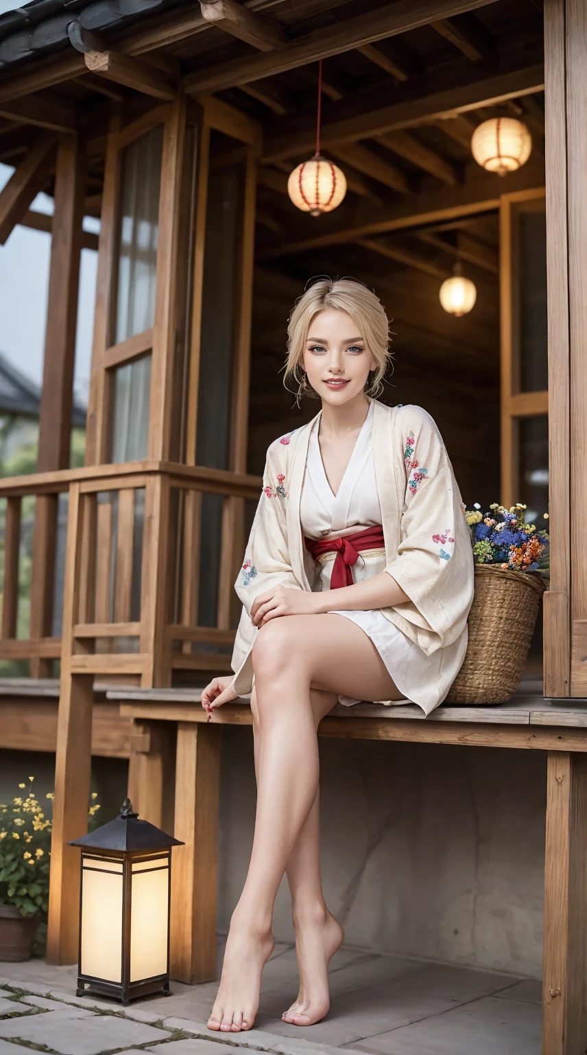 ((最high quality, 8K, masterpiece: 1.3, Ultra HD, high quality, 最high quality, High resolution, realism)) 、A 22-year-old extremely beautiful white woman、Her hair color is platinum blonde、blue eyeedium hair、straight hair、The hair is shiny、The skin is lustrous、smile、Slender but well-proportioned muscular body、Athlete-like body type、I don't want my head to disappear from the screen.、Wearing accessories on your wrist、Wearing red nail polish、I have a peticure、Sitting on the veranda of a Japanese house in the Japanese countryside、It's summer、A wind chime is hung in front of the eaves.、barefoot、There is a basket full of tomatoes and carrots on the veranda.、The basket is made of woven bamboo strips、A courtyard spreads out in front of the verandah.、There is a well with a hand pump in the courtyard.、wear a yukata、smile showing teeth((grin ))
