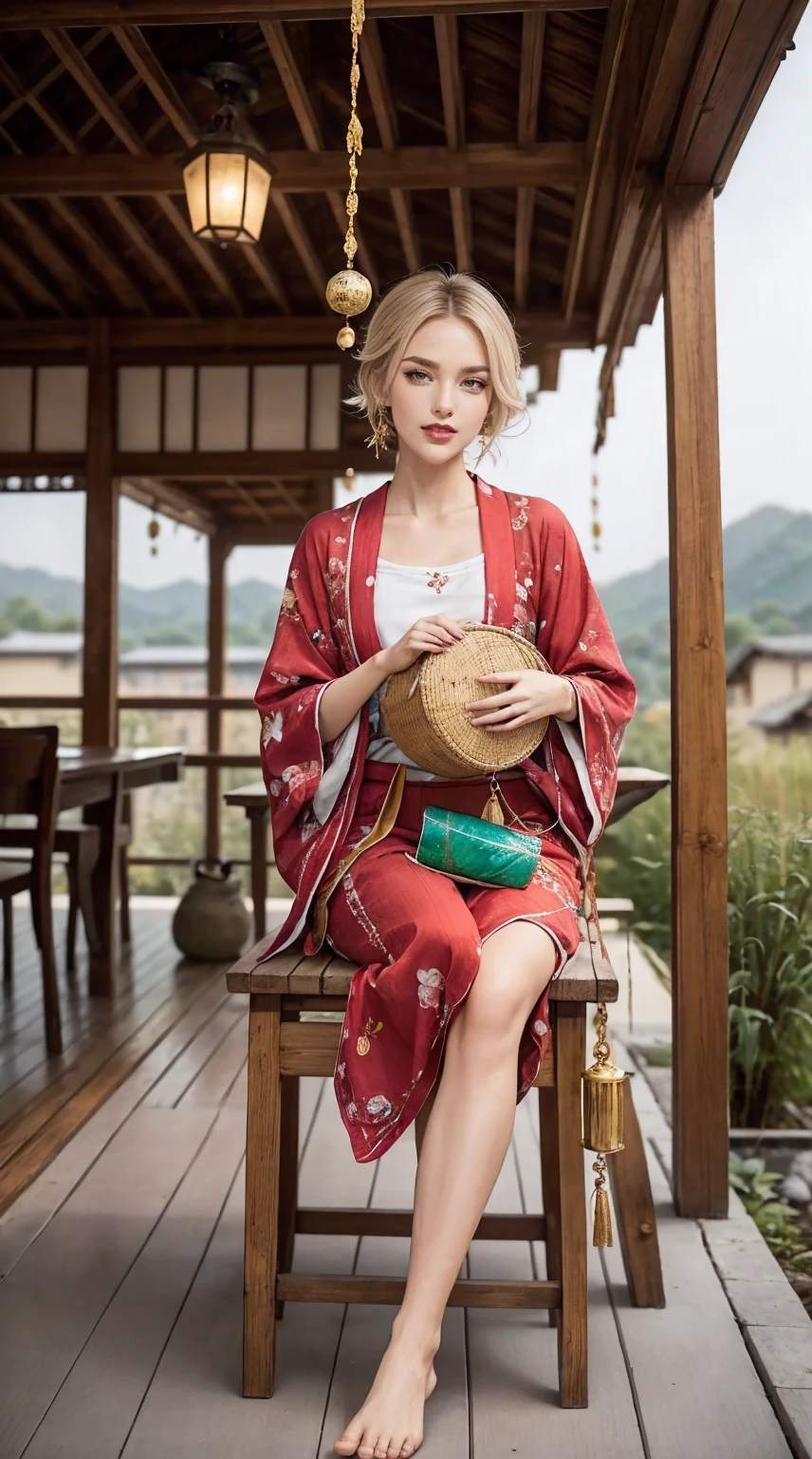 ((最high quality, 8K, masterpiece: 1.3, Ultra HD, high quality, 最high quality, High resolution, realism)) 、A 22-year-old extremely beautiful white woman、Her hair color is platinum blonde、blue eyeedium hair、straight hair、The hair is shiny、The skin is lustrous、smile、Slender but well-proportioned muscular body、Athlete-like body type、I don't want my head to disappear from the screen.、Wearing accessories on your wrist、Wearing red nail polish、I have a peticure、Sitting on the veranda of a Japanese house in the Japanese countryside、It's summer、A wind chime is hung in front of the eaves.、barefoot、There is a basket full of tomatoes and carrots on the veranda.、The basket is made of woven bamboo strips、A courtyard spreads out in front of the verandah.、There is a well with a hand pump in the courtyard.、wear a yukata、smile showing teeth((grin ))