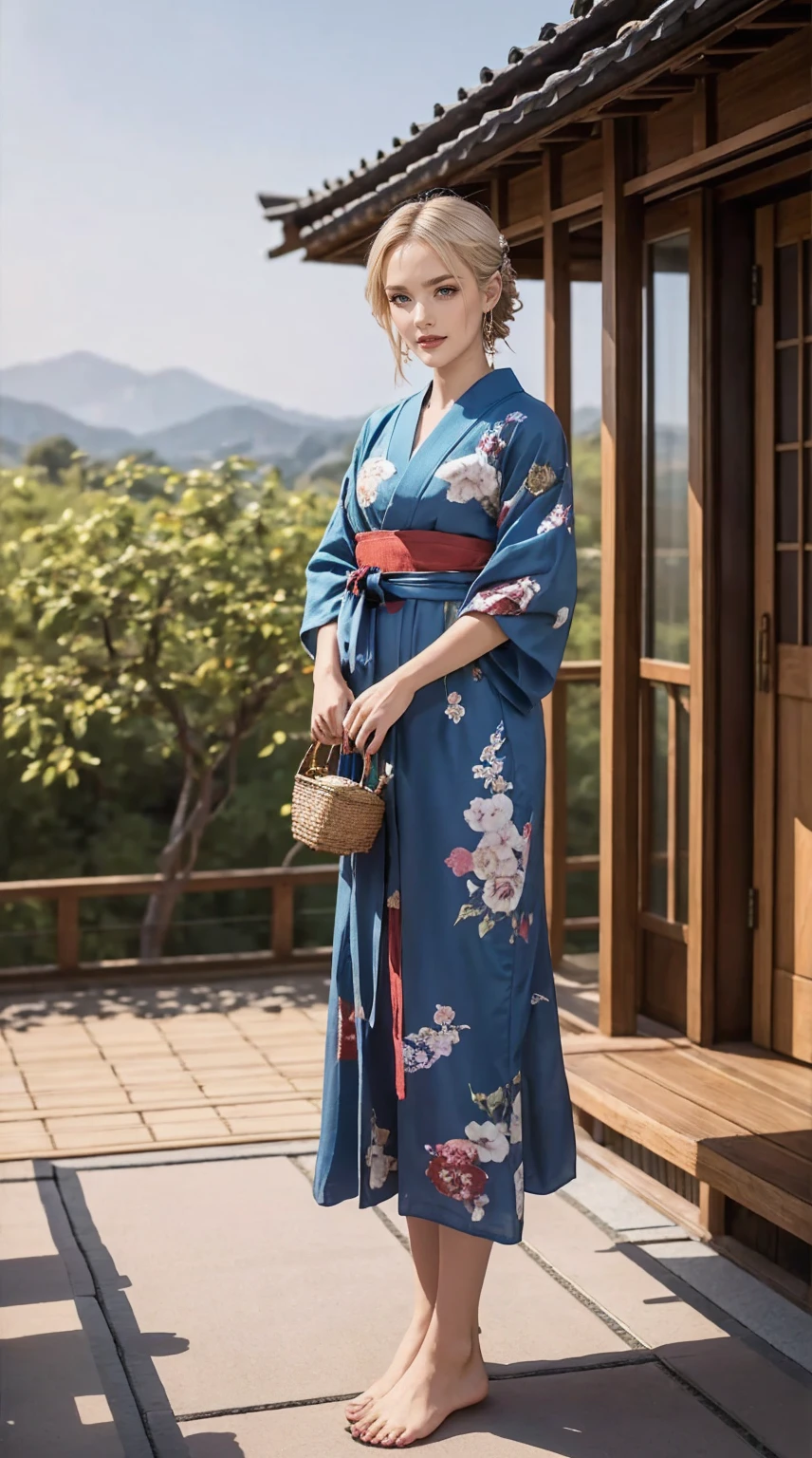 ((最high quality, 8K, masterpiece: 1.3, Ultra HD, high quality, 最high quality, High resolution, realism)) 、A 22-year-old extremely beautiful white woman、Her hair color is platinum blonde、blue eyeedium hair、straight hair、The hair is shiny、The skin is lustrous、smile、Slender but well-proportioned muscular body、Athlete-like body type、I don't want my head to disappear from the screen.、Wearing accessories on your wrist、Wearing red nail polish、I have a peticure、Sitting on the veranda of a Japanese house in the Japanese countryside、It's summer、A wind chime is hung in front of the eaves.、barefoot、There is a basket full of tomatoes and carrots on the veranda.、The basket is made of woven bamboo strips、A courtyard spreads out in front of the verandah.、There is a well with a hand pump in the courtyard.、wear a yukata、smile showing teeth((grin ))