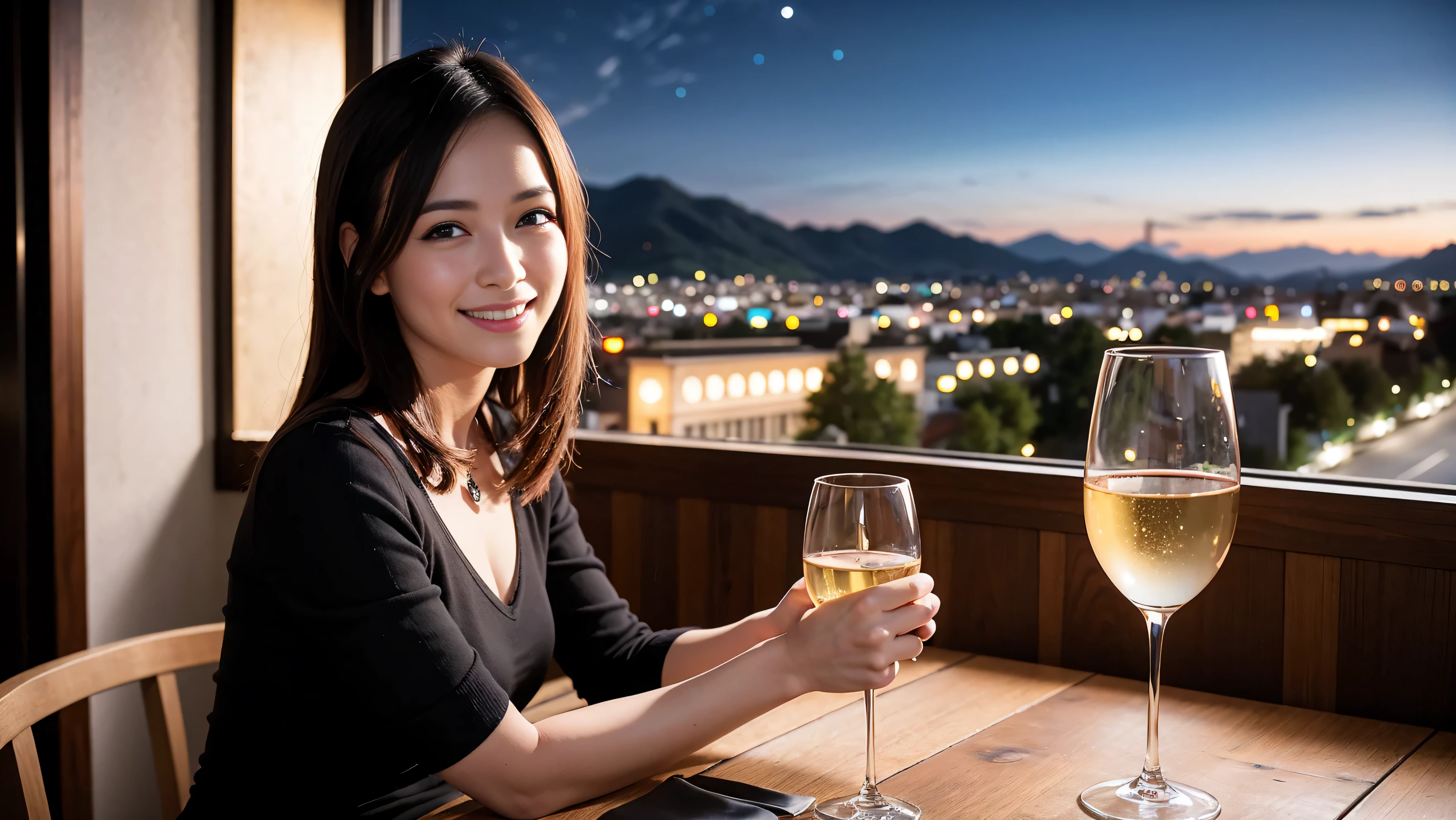 (K UHD, nffsw, top quality, table top: 1.2), (realistic, realistic: 1.37), Spectacular view of the sunset sky and clouds、Amazing mountain views、A bright smile、A lovely woman with a smile、The woman's face is bright、fox face、lady、Wine Party、hors d'oeuvre、Italian food、2 beauties、brown hair、shortcut、long sleeve shirt、winter fashion、dress、Japanese、Englishman、Dutch、German、Belgian、Italian、French,wine bottle、hors d'oeuvre、Champagne、sparkling wine、Pretty Woman 1, (slim face), (Because I'm slender), (brown hair), (shortcut), cheeks turn a little red, (40 years old), 38 years old, attractive beauty、, A beautiful and detailed night view spreads out outside the window.........., restaurant, sitting in a wine glass, At night, in a prominent place (from the waist up) nova frog style, actress, model, Upper body, White wine, slim, wine glass, very beautiful night view, wine glass placed in the middle, Smile, (smile: 1.15), beautiful small eyes,