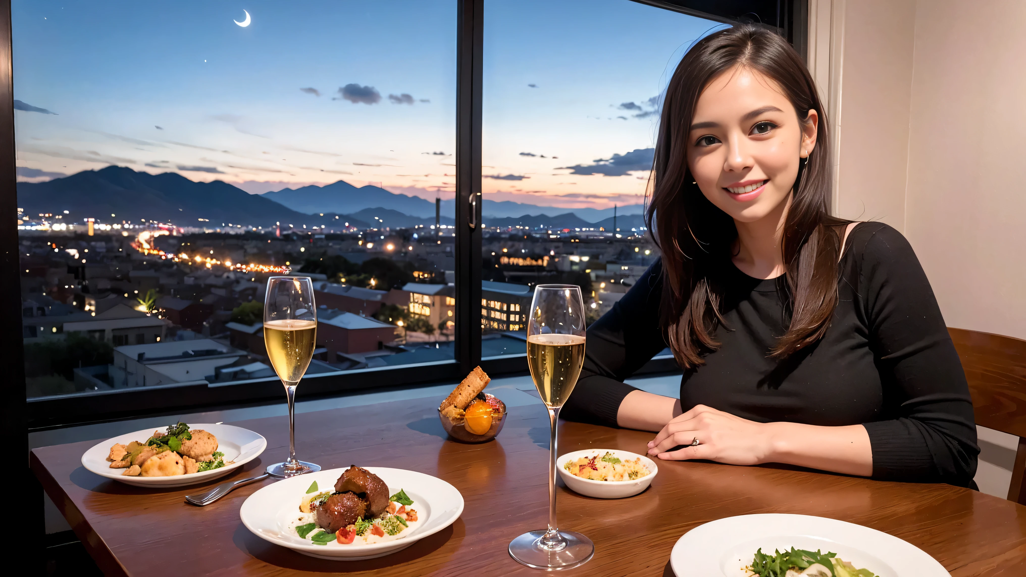 (K UHD, nffsw, top quality, table top: 1.2), (realistic, realistic: 1.37), Spectacular view of the sunset sky and clouds、Amazing mountain views、A bright smile、A lovely woman with a smile、The woman's face is bright、fox face、lady、Wine Party、hors d'oeuvre、Italian food、2 beauties、brown hair、shortcut、long sleeve shirt、winter fashion、dress、Japanese、Englishman、Dutch、German、Belgian、Italian、French,wine bottle、hors d'oeuvre、Champagne、sparkling wine、Pretty Woman 1, (slim face), (Because I'm slender), (brown hair), (shortcut), cheeks turn a little red, (40 years old), 38 years old, attractive beauty、, A beautiful and detailed night view spreads out outside the window.........., restaurant, sitting in a wine glass, At night, in a prominent place (from the waist up) nova frog style, actress, model, Upper body, White wine, slim, wine glass, very beautiful night view, wine glass placed in the middle, Smile, (smile: 1.15), beautiful small eyes,