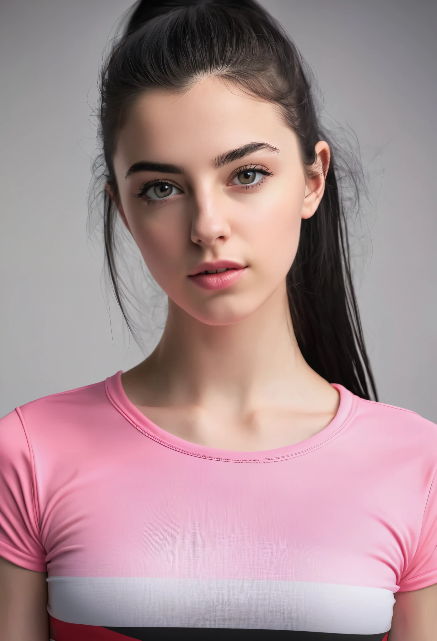 Beautiful Palestinian girl, fair skin, young, teen, long beautiful black hairs ,cute, fit, pink crop top, (round neck), (ultra realistic, portrait, face focus, detailed face, half body)