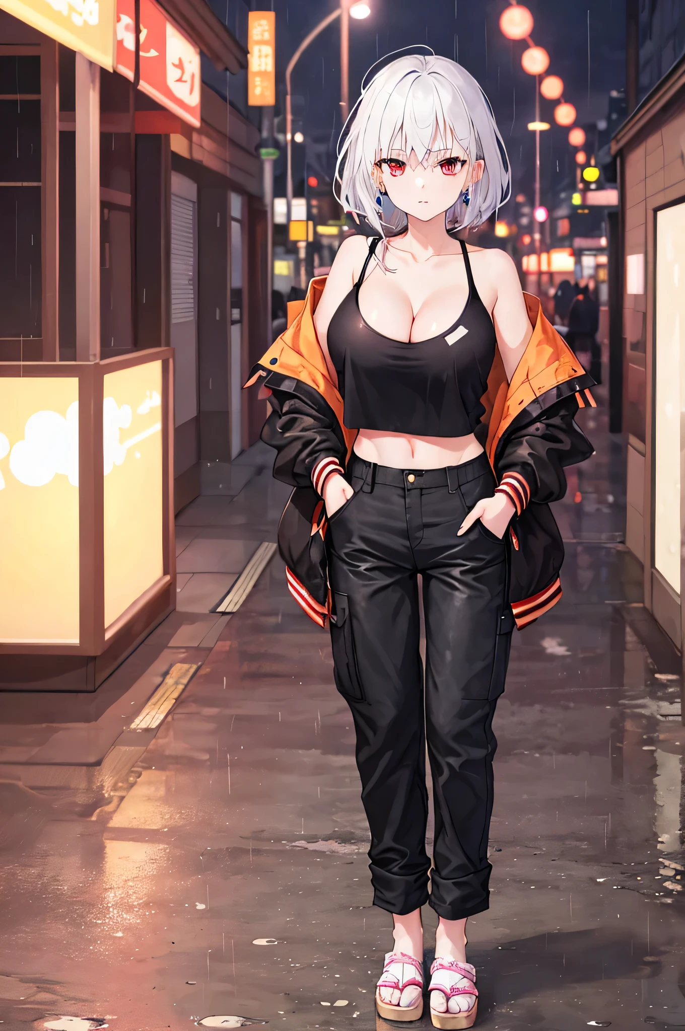 ((best quality)), ((masterpiece)), (detailed), perfect face, 1girl, beautiful and elegant woman, standing, solo, after rain, japanese streets, japanese signs, neon lights, night, wearing black jacket, cropped top shirt, full_body, baggy pants, white hair, red eyes, tall, cleavage, hands on pocket, looking at the viewer, 