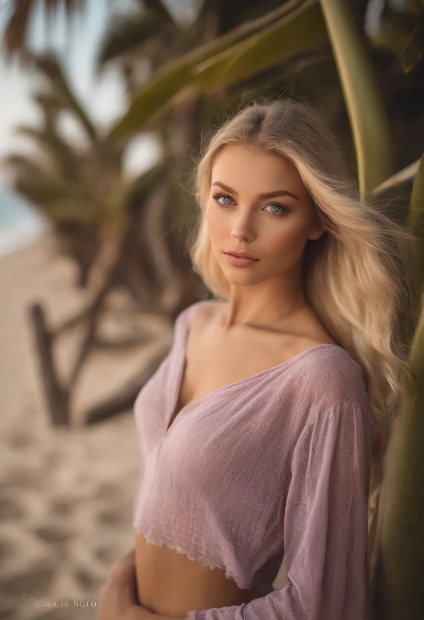 arafed woman fully , sexy girl with blue eyes, ultra realistic, meticulously detailed, portrait sophie mudd, blonde hair and large eyes, selfie of a young woman, beach eyes, violet myers, without makeup, natural makeup, looking directly at the camera, face with artgram, subtle makeup, stunning full body shot in the beach, in bikini the nipple should be transparent through the bikini show her tits, make them almost fully visible