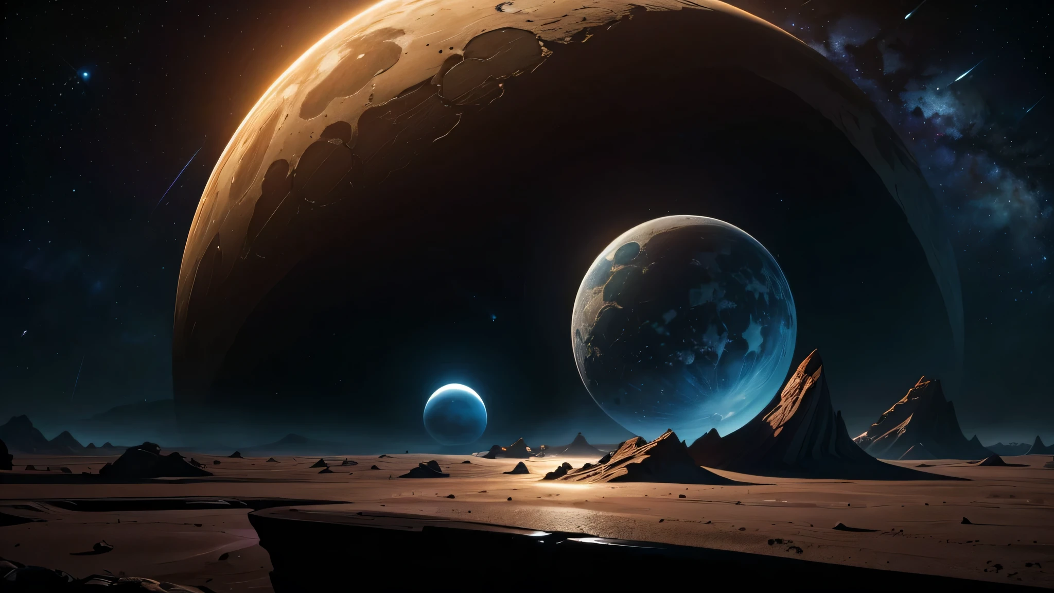 Create an ultra-high-resolution image of the solar system showcasing humanity's exploration efforts. Depict spacecraft and rovers exploring each planet and its moons, with realistic details of their surface features and landscapes. Incorporate innovative elements such as futuristic space habitats and advanced scientific instruments to convey the spirit of discovery and exploration.