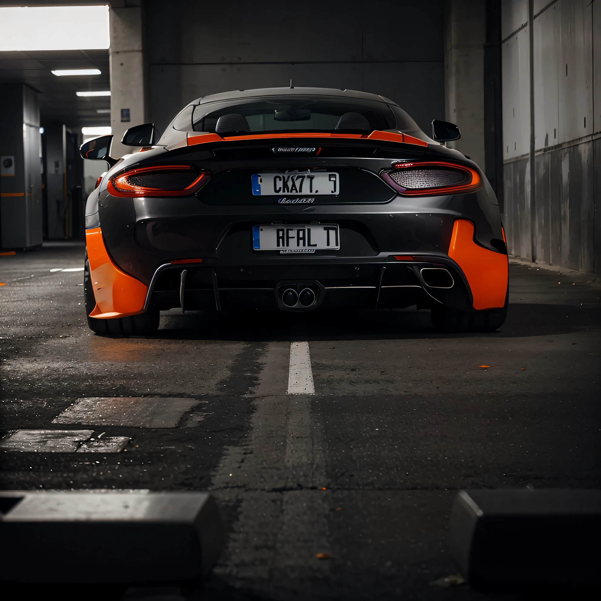 dark gray mclaren, orange files, front pov, dark backround
