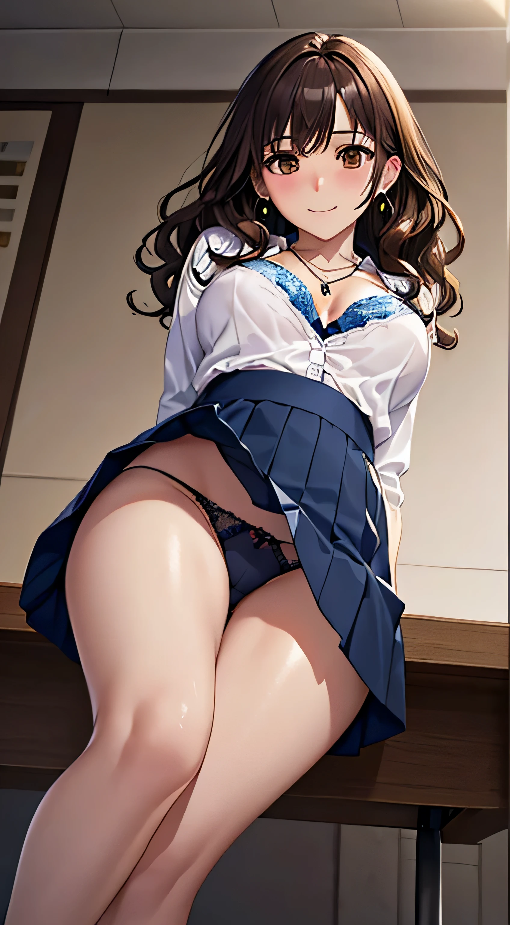(table top, highest quality, High resolution, , perfect pixel, 4k,), 1 girl, single, alone, Beautiful woman、I could see the whole body、 ((wavy mid hair, bangs, brown hair)), ((brown eyes, beautiful eyelashes, realistic eyes)), ((detailed face, blush:1.2)), ((smooth texture:0.75, realistic texture:0.65, realistic:1.1, Anime CG style)), medium breasts, dynamic angle, perfect body, ((, female teacher, , earrings、necklace、white shirt with collar、Shirts without buttons、Dark blue flared skirt、black knee high stockings、open both legs wide、、shy smile、Sit on the floor、leaning forward)), Upper grade、、、evening、、(You can see the white and light blue lace panties and bra、、(Bring your chest and arms together、Lift up your skirt and show your panties、The wind blows up my skirt)、angle from below)、