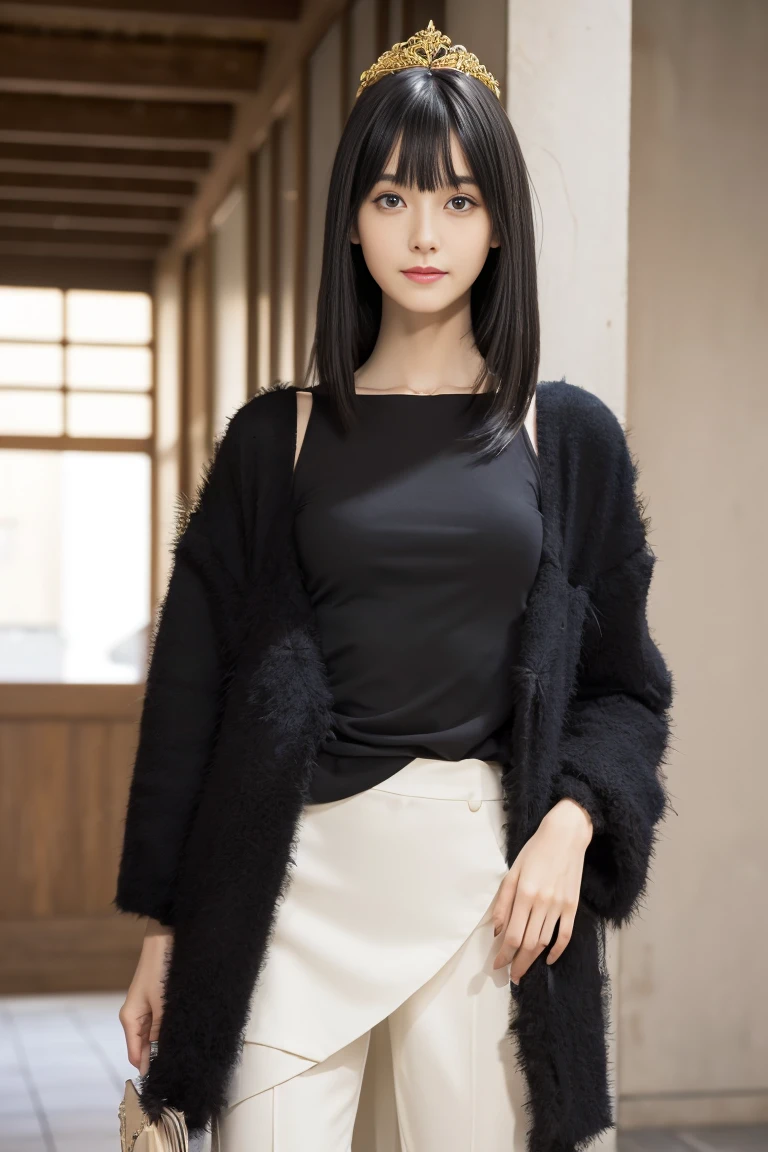 (((masterpiece, highest quality, Super detailed))), 1 female, (((very thin body))) , (((length, thin legs))), (((black straight hair, thick and fluffy bangs ))), (((highly detailed face))),smile, cosmetics free, small and thin nose, small thin mouth, (((Very sharp focused eyes))),  Japanese,  beautiful face, (lifelike face),  beautiful hairstyle, realistic eyes, fine and beautiful eyes, (real looking skin), beautiful skin, charm, ultra high resolution, surreal, high detail, golden ratio, (detail makeup:1.2),Asymmetrical spring jacket：While maintaining the traditional jacket shape、肩のラインや袖のlengthに不規則なカットを取り入れ、Creates a unique balance。Layered Bottoms：The pants and skirts are made of overlapping panels of different materials and colors.、Vary movement and texture。Customized Accessories：Dismantling traditional accessories、Reconstruction、By changing the material、Give it a unique artistic quality。Based on this prompt、Create a Margiela-inspired outfit with a reimagined traditional theme。