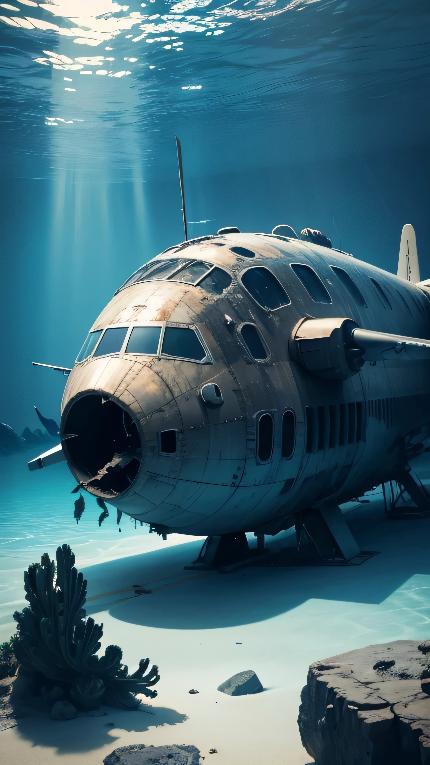 underwater plane, broken, destroyed, underwater, 8k, high quality
