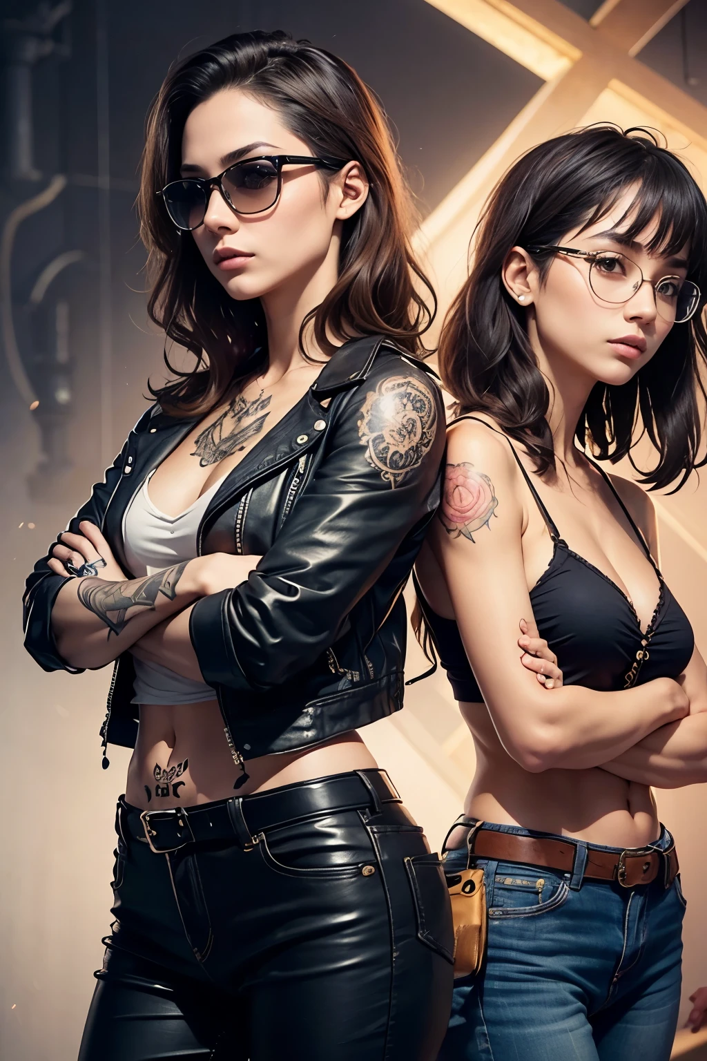 bad girl、Bossy attitude、hat、brown hair、Jacket、sunglasses、accessories、laminate pants、denim pants、tattoo、long legs、boots