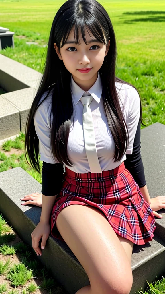 (8K), (highest quality: 1.2), (realistic), (realistic: 1.37), ultra high resolution, 1 girl, cute, smile, closed mouth, beautiful details, beautiful nose, wet hair, giant dulcefo, pork, thighs，self snap,University Student Uniform,cherry blossom park,ride on a swing,simple blazer,pleated skirt,(The pattern of the skirt and tie is a tartan check pattern....:1.3),cross your legs, From above,thighs