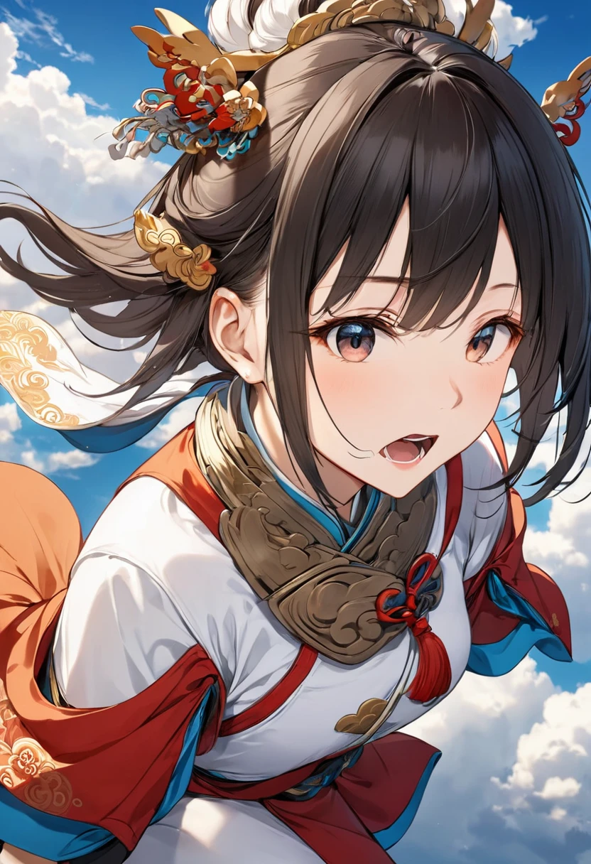 (masterpiece, best quality:1.2), bite_style,1 person,girl,cloud,Tianguan,animation