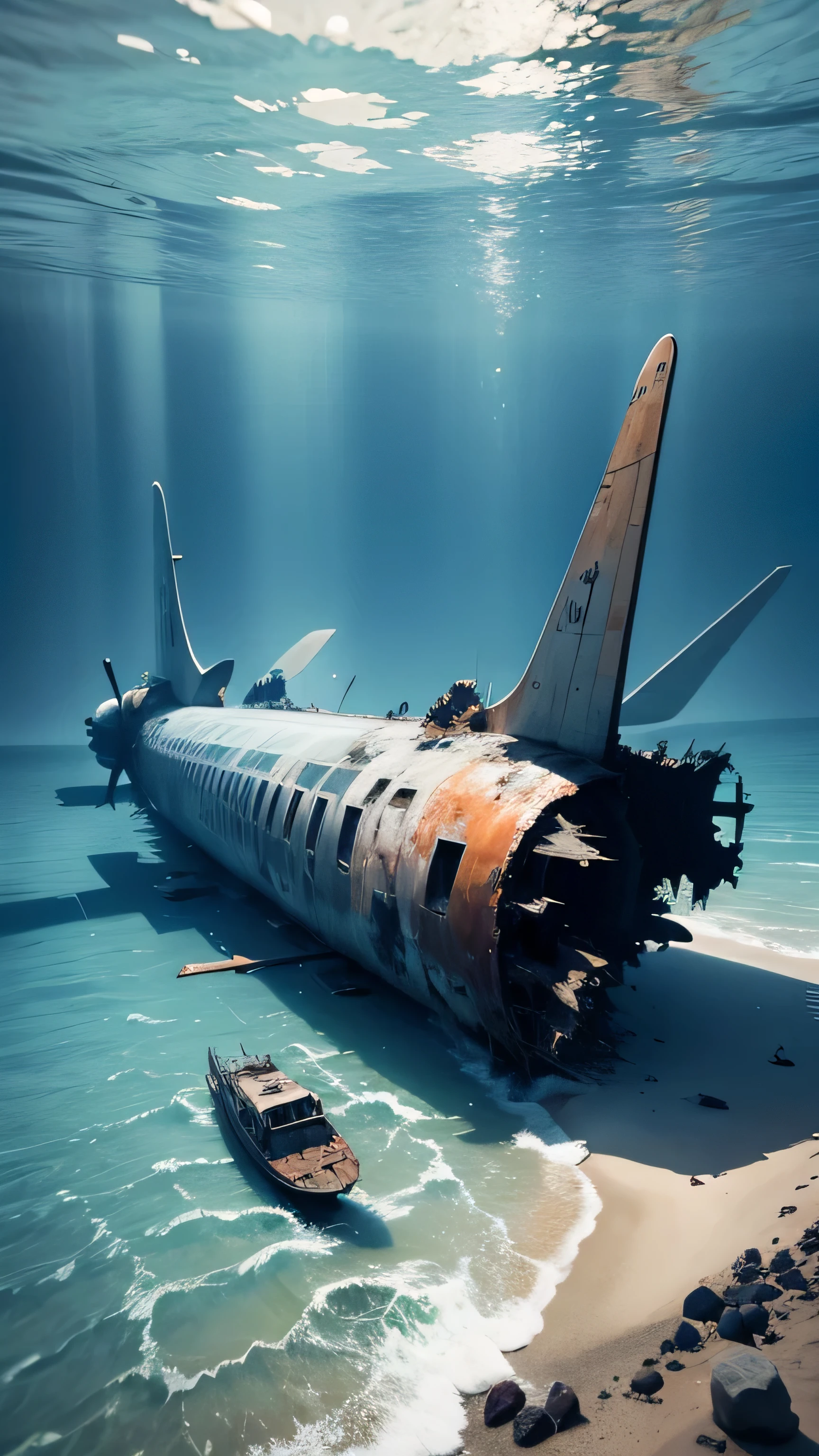 the plane crashed into the sea, broken, destroyed, underwater, 8k, high quality