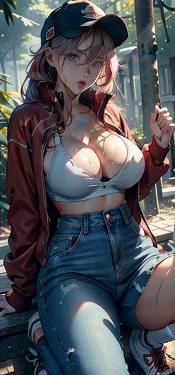1 female,18 years old,MILF,huge cleavage,beautiful breasts、huge breasts:1.4,beautiful breasts、huge breasts:1.4,Big breasts and thin waist,thin legs,exposure, solo,(background with:In the forest,Rainforest,In the summer) She has long pink hair,stand up,Sweating,Soaked all over,View from the front, straight hair, The sky is mainly cloudy,(((masterpiece),(Very detailed CG unified 8k wallpaper),best quality,movie lighting,detailed background,Beautiful and delicate eyes,bright pupils,blue eyes,red lips(Very delicate and beautiful),(Beautiful and detailed eye descriptions),Super detailed,masterpiece,)),face camera,(Full body image),show shoes,high resolution,Super detailed),violent house,exposed genitals, Lower body elevation,Raised sexy,camel toe,face,open mouth,street frontage,baseball cap(wear:Red baseball jacket,Sexy denim shorts,sports shoes,Show breasts),Full body female love,show shoes