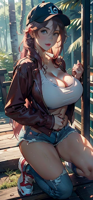 1 female，18 years old，MILF，huge cleavage，beautiful breasts、huge breasts:1.4，beautiful breasts、huge breasts:1.4，Big breasts and thin waist，thin legs，exposure， solo，（background with：In the forest，Rainforest，In the summer） She has long pink hair，stand up，Sweating，Soaked all over，View from the front， straight hair， The sky is mainly cloudy，（（（masterpiece），（Very detailed CG unified 8k wallpaper），best quality，movie lighting，detailed background，Beautiful and delicate eyes，bright pupils，blue eyes，red lips（Very delicate and beautiful），（Beautiful and detailed eye descriptions），Super detailed，masterpiece，）），face camera，（Full body image），show shoes，high resolution，Super detailed），violent house，exposed genitals， Lower body elevation，Raised sexy，camel toe，face，open mouth，street frontage，baseball cap（wear：Red baseball jacket，Sexy denim shorts，sports shoes，Show breasts），Full body female love，show shoes