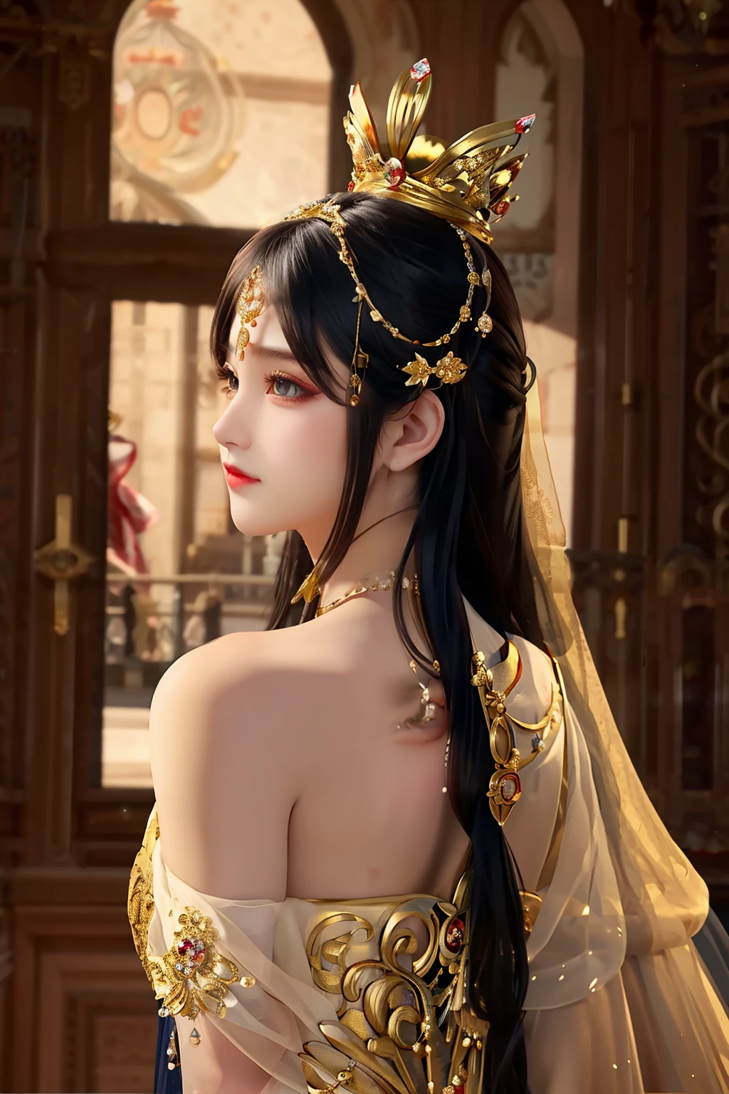 ((best quality)), ((masterpiece)), (detailed), perfect face, pretty face, teeenager female, royal mistress, expensive looking dress, gold dress, gold crown, angle from behind