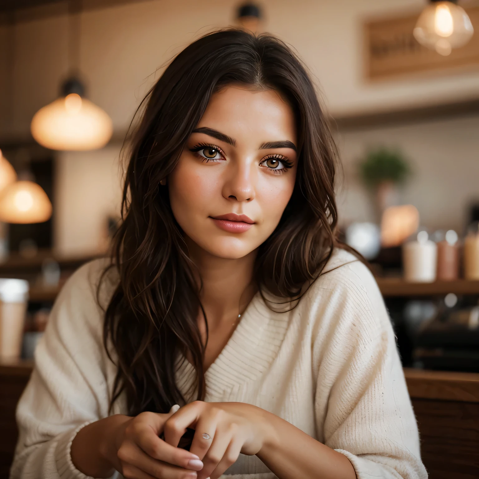 Create a realistic, high-resolution (6K) image of a young adult female sitting in a coffee shop, beautiful detailed eyes, beautiful detailed lips, long eyelashes, gentle breeze, cozy atmosphere, serene expression, flowing hair, natural beauty, subtle shaows