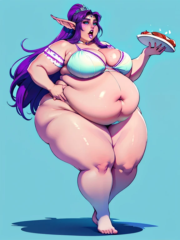 (1girl), beautiful pregnant supermodel Tyrande, glowing eyes, white bikini, extremely obese, (obese belly):1.8, (obese legs):1.5, fat rolls, massive SSBBW body, massive pregnant hyperbelly, soft massive obese pregnant belly, cute chubby feminine face, sensual pose, soft obese thighs, soft obese legs, soft obese breasts, soft obese arms, soft chubby hands, soft chubby feet, mouth wide open, yelling, holding piece of meat