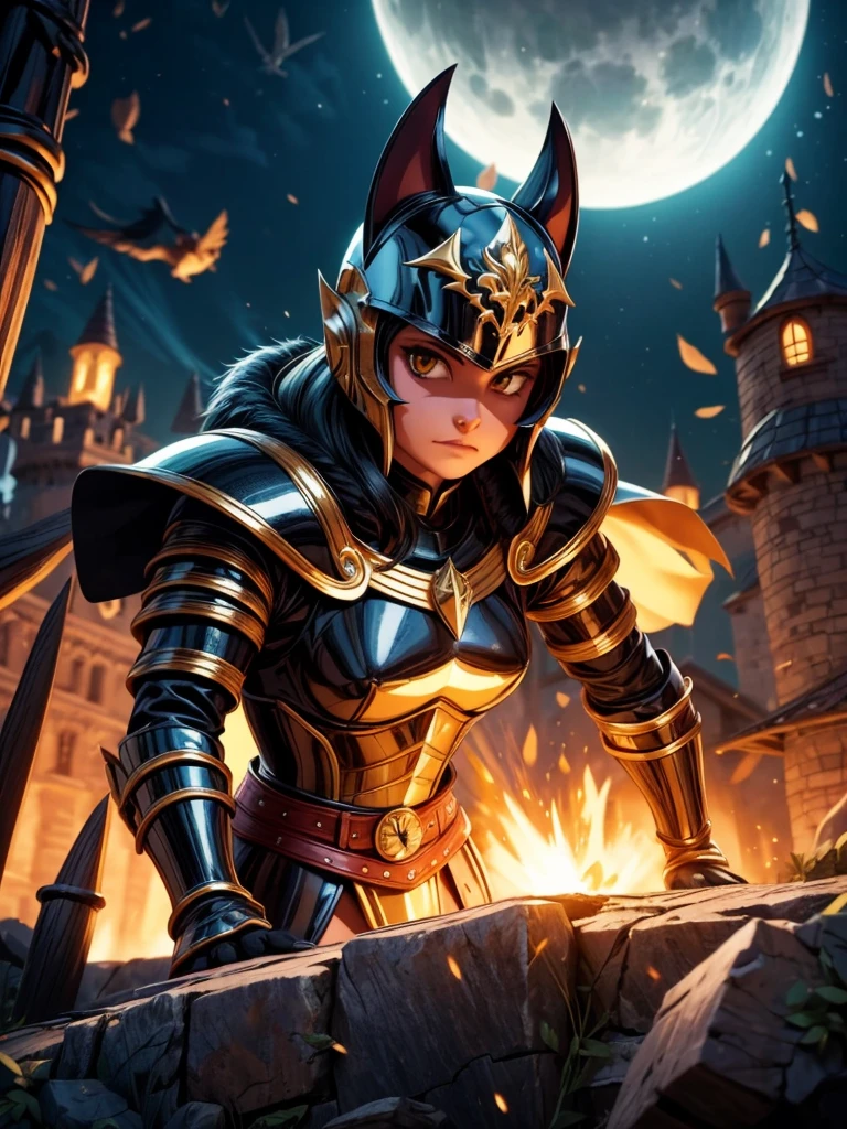 black cat knight with armor, shining golden helmet, majestic cape, sharp sword, fierce gaze, heroic pose, moonlit castle in the background, dramatic lighting, medieval fantasy theme, vibrant colors, detailed fur texture, masterfully painted, highres, realistic style, dynamic composition, intense battle atmosphere, powerful presence, epic cat warrior.
