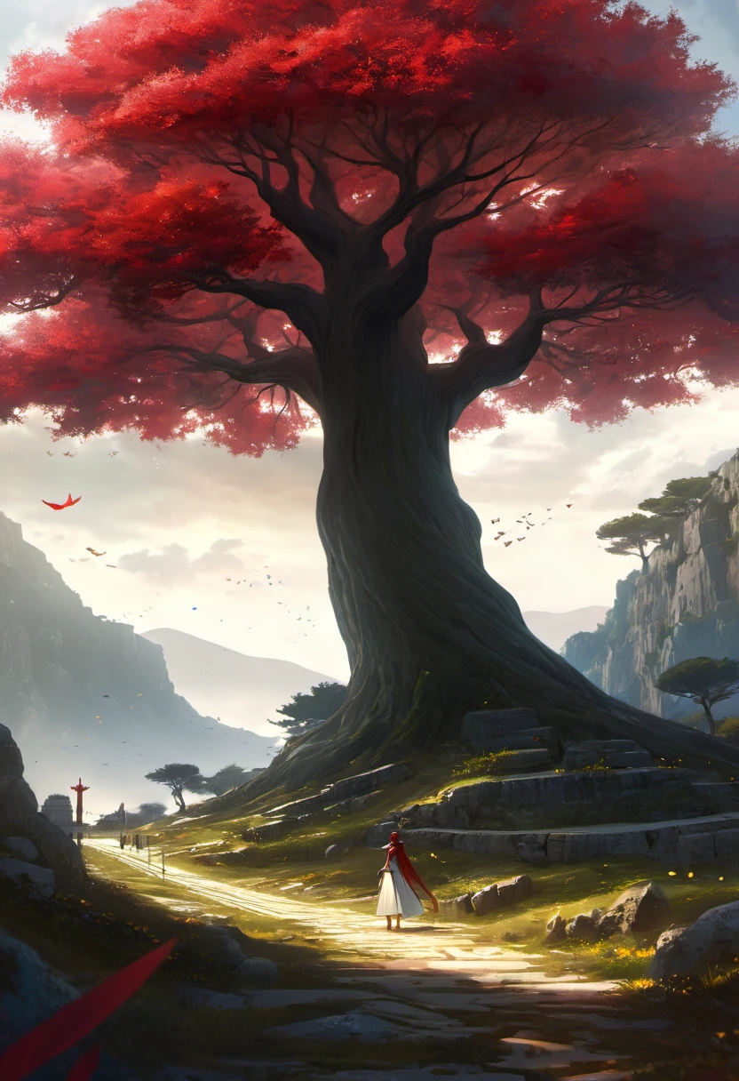 super high quality, hdri, beautiful and fantastically designed, deep crimson, beautiful and fantastic scenery, a medium size tree in the middle, in detail, cinematic parallax, creating scenes that blur the line between reality and the magic of Greek mythology