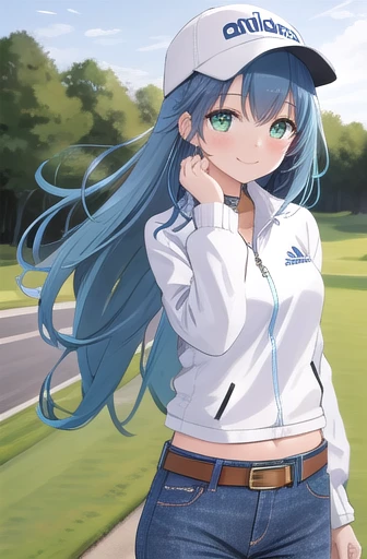 best quality, detailed, solo, looking at viewer, cap, 1girl, jeans, long hair, blue hair, smile, blush, green eyes, wind, wind blowing, belt, outdoors, golf, golf club, navel, white track jacket, adidas