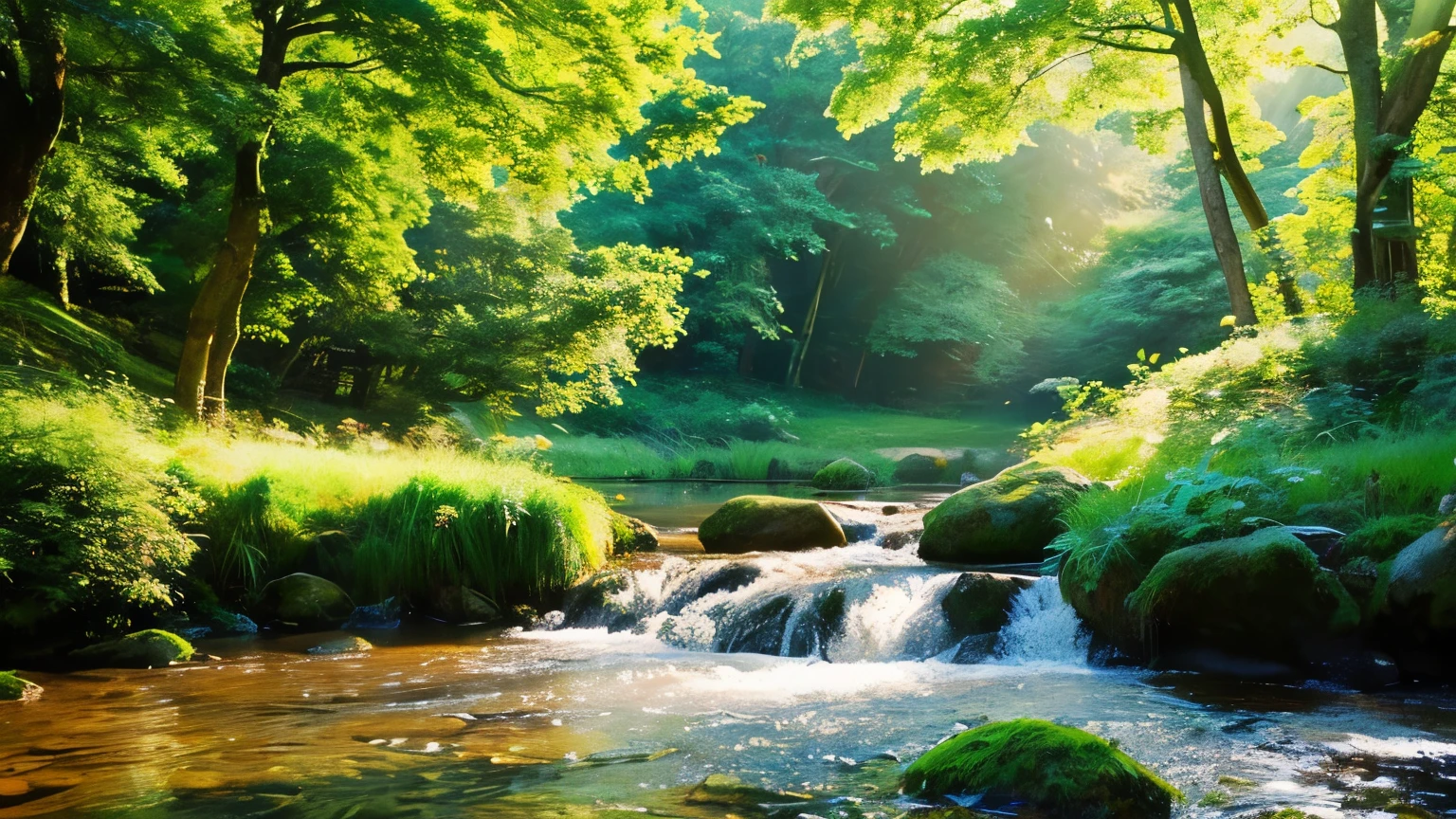 I took a photo of a peaceful moment spent in nature..。wood々Imagine a peaceful landscape bathed in soft morning light.。.。a gentle meandering stream、Surrounded by lush greenery。The overall atmosphere is calm and connected to the natural world.、Highlights the beauty and serenity of outdoor moments。