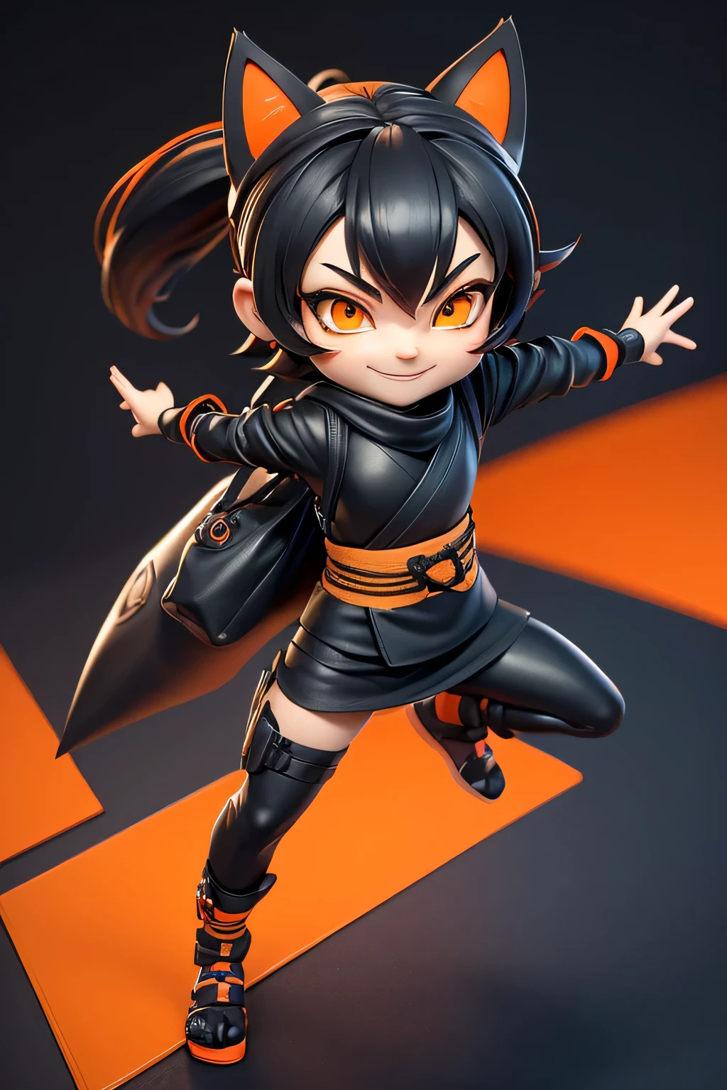 3d chibi style, twins black and orange cat girl and boy, orange eyes, cute face, black hair, smiling, ((wearing ninja clothes)), (wearing ninja mask), shopping at the mall, carryng many bags, itens purshased into bag, girl wearing sensual ninja clothes, boy wearing tradicional ninja clothes