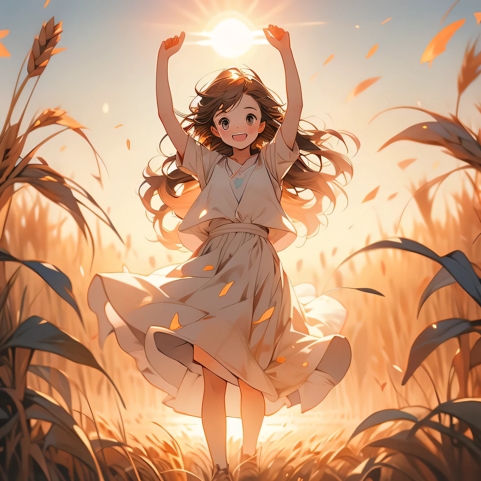 sunrise、Girl standing in a wheat field，Happy，Surrounded by flames，optimism、Motivated、Sunlight