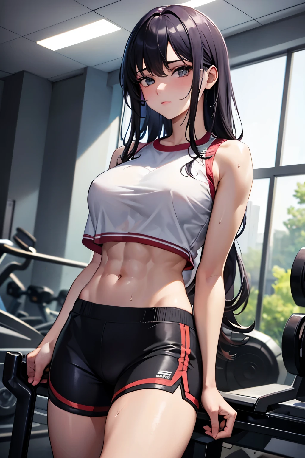 best quality, super fine, 16k, incredibly absurdres, extremely detailed, beautiful cute woman sweating in the gym, wearing loose shirts, loose sports shorts, abs, superlative body proportion, lighting magic