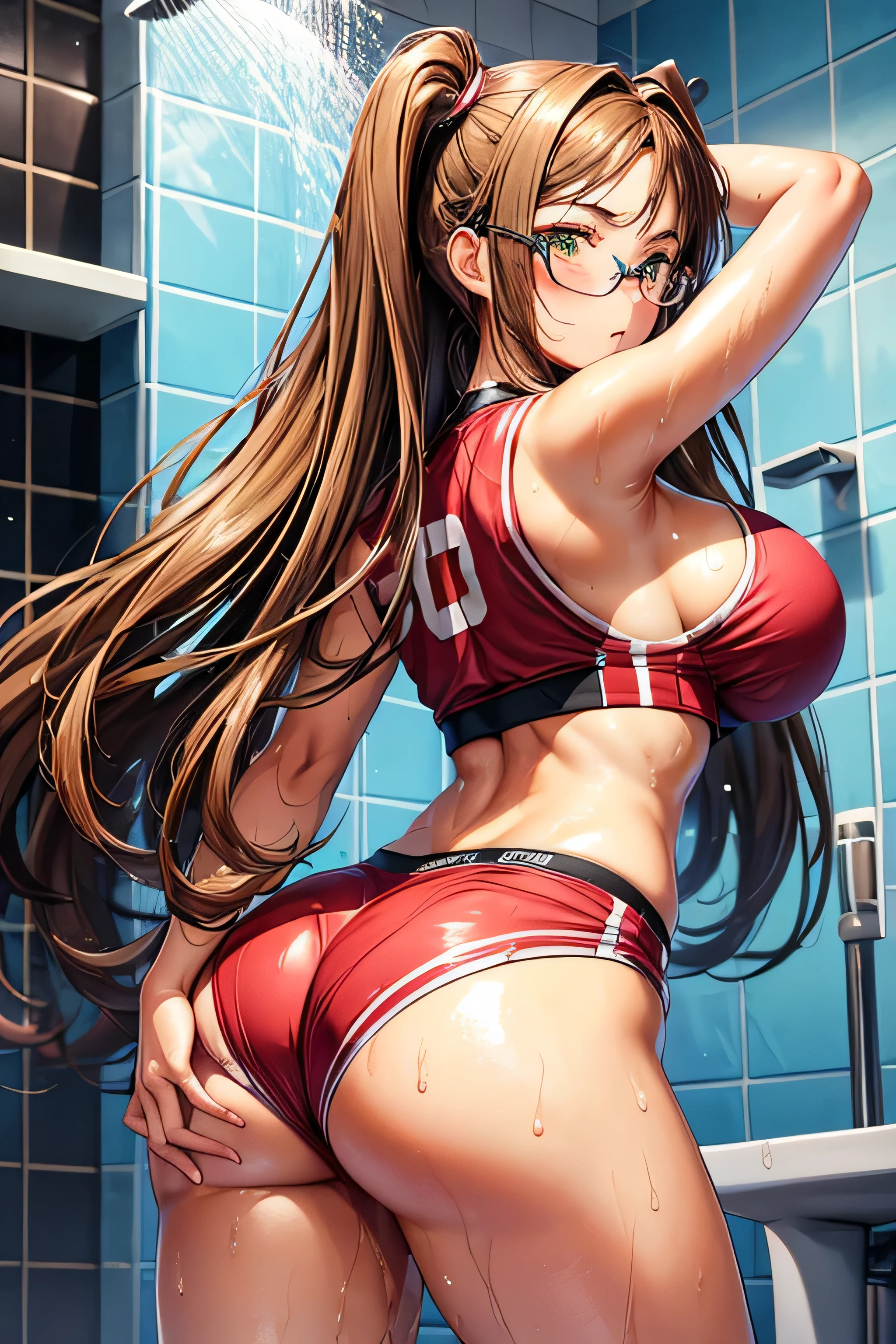 High resolution, high quality, 1 girl, anime girl, brown long hair, brown eyes, Green glasses, tanned skin, big breasts, (big ass),beautiful butt,sweat,wet,highleg cheerleader,arms behind head,raise your legs,at shower,(water),