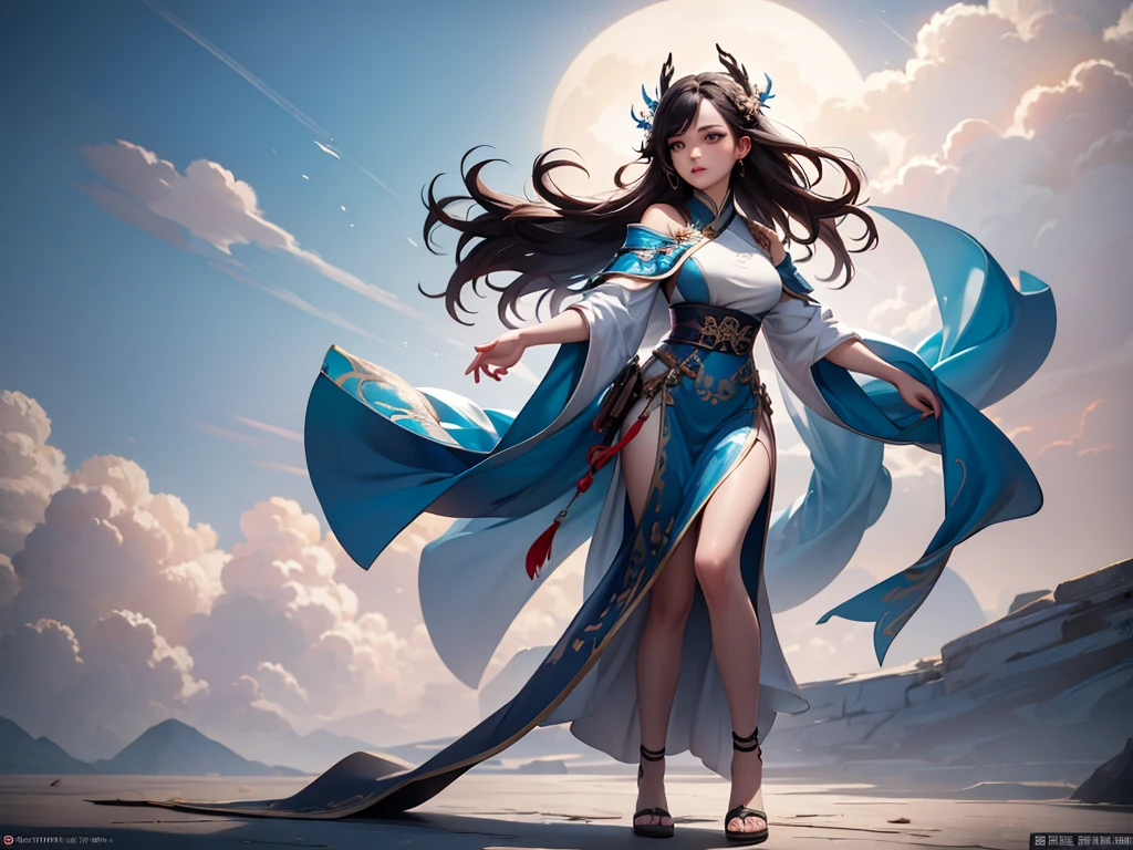 Image of a woman in a blue and white robe, heise jinyao, full body xianxia, Full body martial arts, flowing hair and gown, Photo of a female clergyman, Wearing flowing robes, Inspired by Cao Zhibai, zhao yun, Cotton Cloud Mage Robe, inspired by Wu Daozi,hanfu,Blue magic in the palm of your hand,heise jinyao, full body xianxia, Photo of a female clergyman, flowing hair and gown, zhao yun, Slender Man Fantasy Alchemist, Full body martial arts, Inspired by Cao Zhibai, Wearing flowing robes, Cotton Cloud Mage Robe, sexy female mage,best shadow, sharp focus, masterpiece, (Very detailed CG unified 8k wallpaper),actual,(hanfu),(((Character face))),
