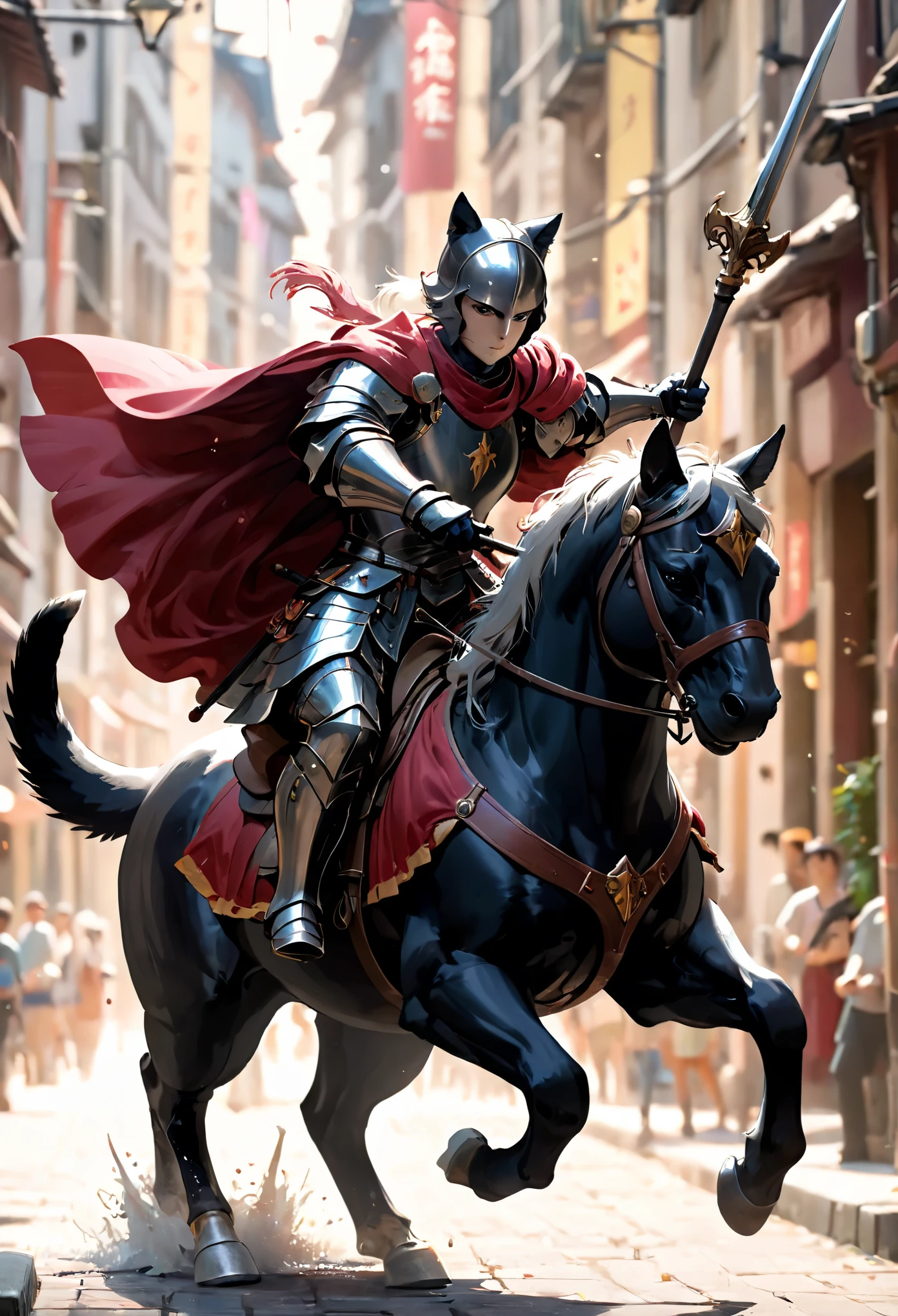 Flat coating，celluloid style，Cat Knight，riding a horse，Charge forward wielding a huge spear，8k，masterpiece，high quality，Super fine