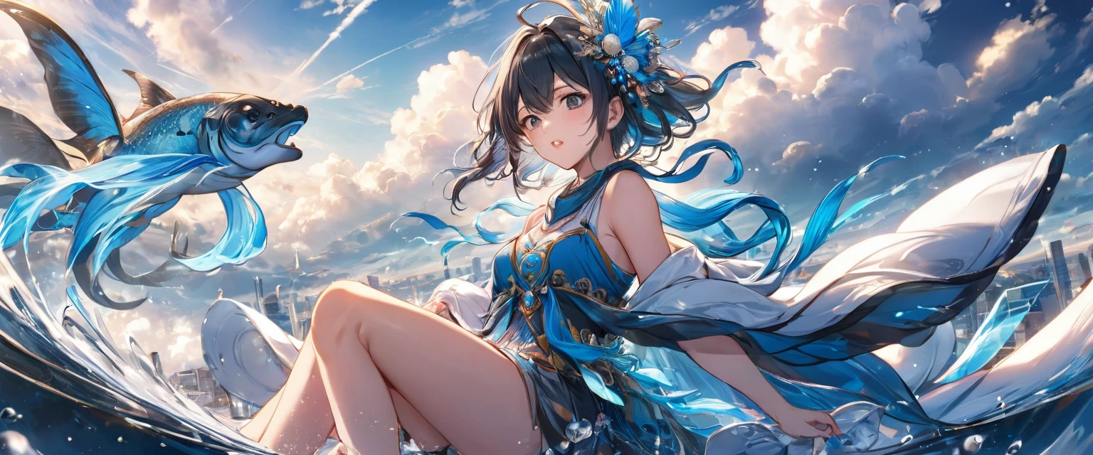 (masterpiece, best quality:1.2), bite_style,1 person,girl,cloud,Tianguan,animation