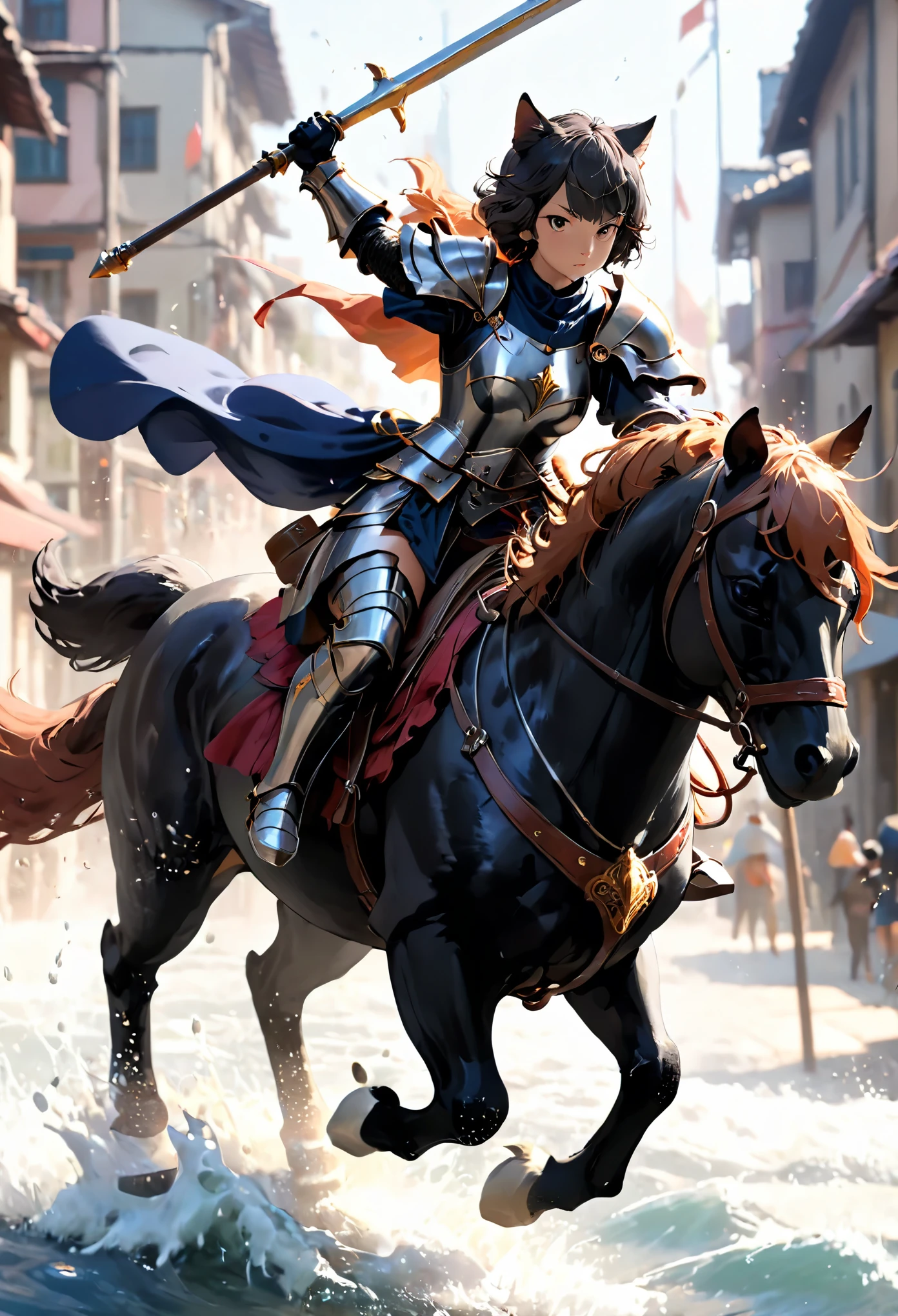 Flat coating,celluloid style,Cat Knight,riding a horse,Charge forward wielding a huge spear,8k,masterpiece,high quality,Super fine