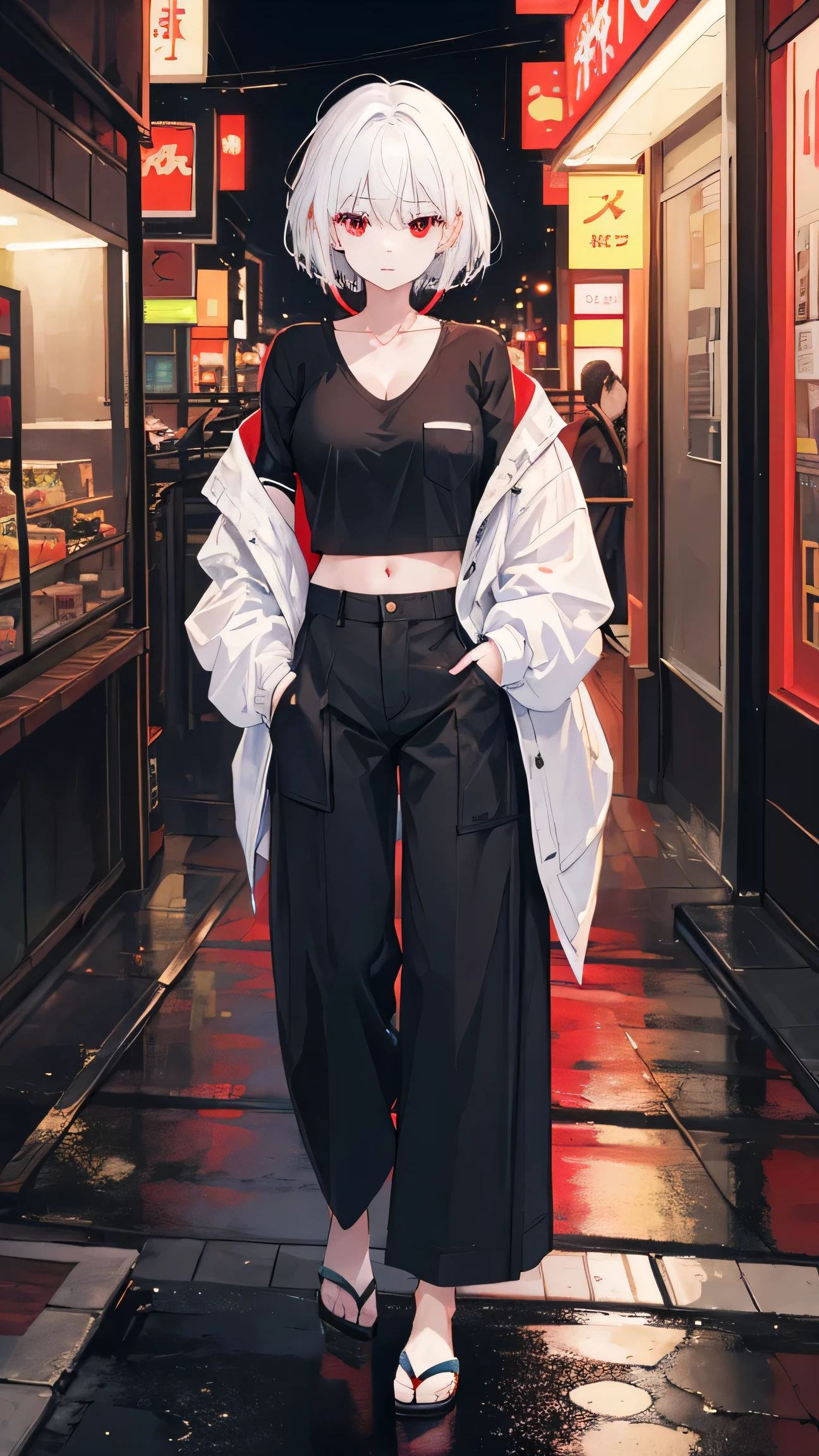 ((best quality)), ((masterpiece)), (detailed), perfect face, 1girl, beautiful and elegant woman, standing, solo, after rain, japanese streets, japanese signs, neon lights, night, wearing black jacket, cropped top shirt, full_body, baggy pants, white hair, red eyes, tall, cleavage, hands on pocket, looking at the viewer,