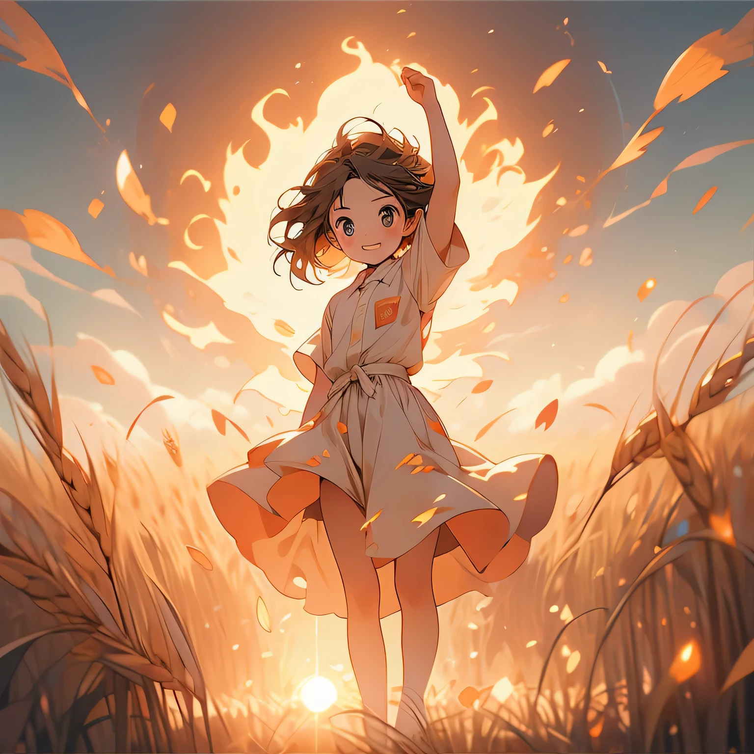 sunrise、Girl standing in a wheat field,Happy,Surrounded by flames,optimism、Motivated、Sunlight,Real wheat field,Fish-shaped flames are everywhere
