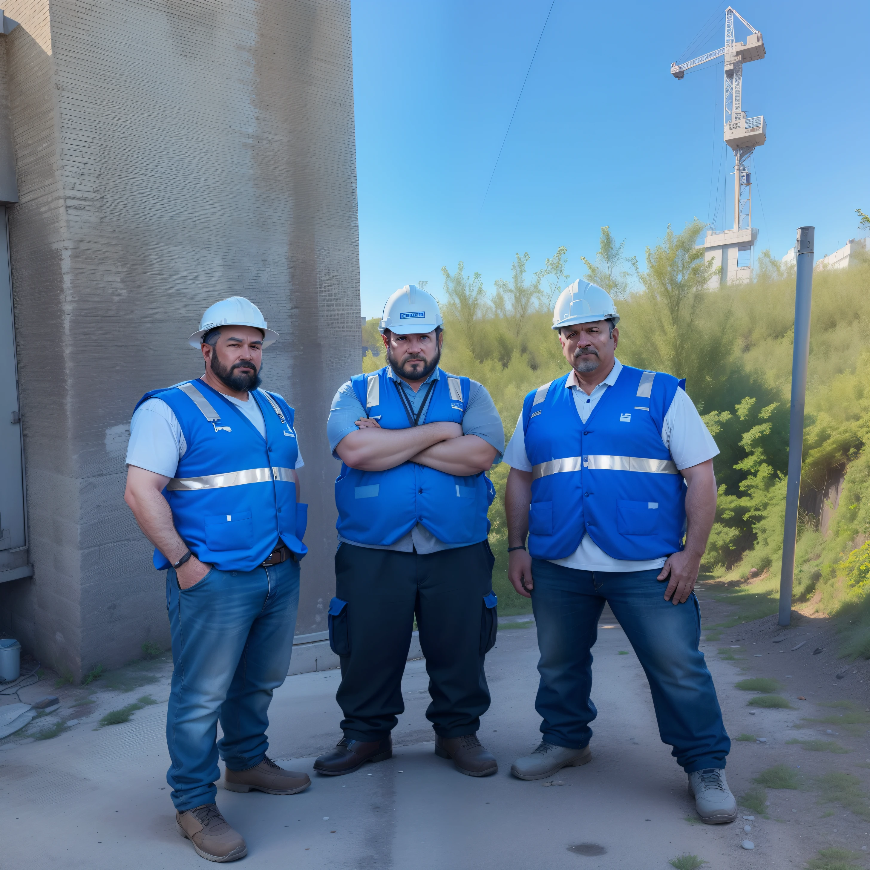 three men in blue vests and white hats standing next to a building, civil engineer, portrait shot, portrait n - 9, photo taken in 2 0 2 0, workers, protrait, maintenance photo, engineer, photo portrait, potrait, taken on iphone 1 3 pro, corporate photo, background image, full protrait, profile image, screensaver