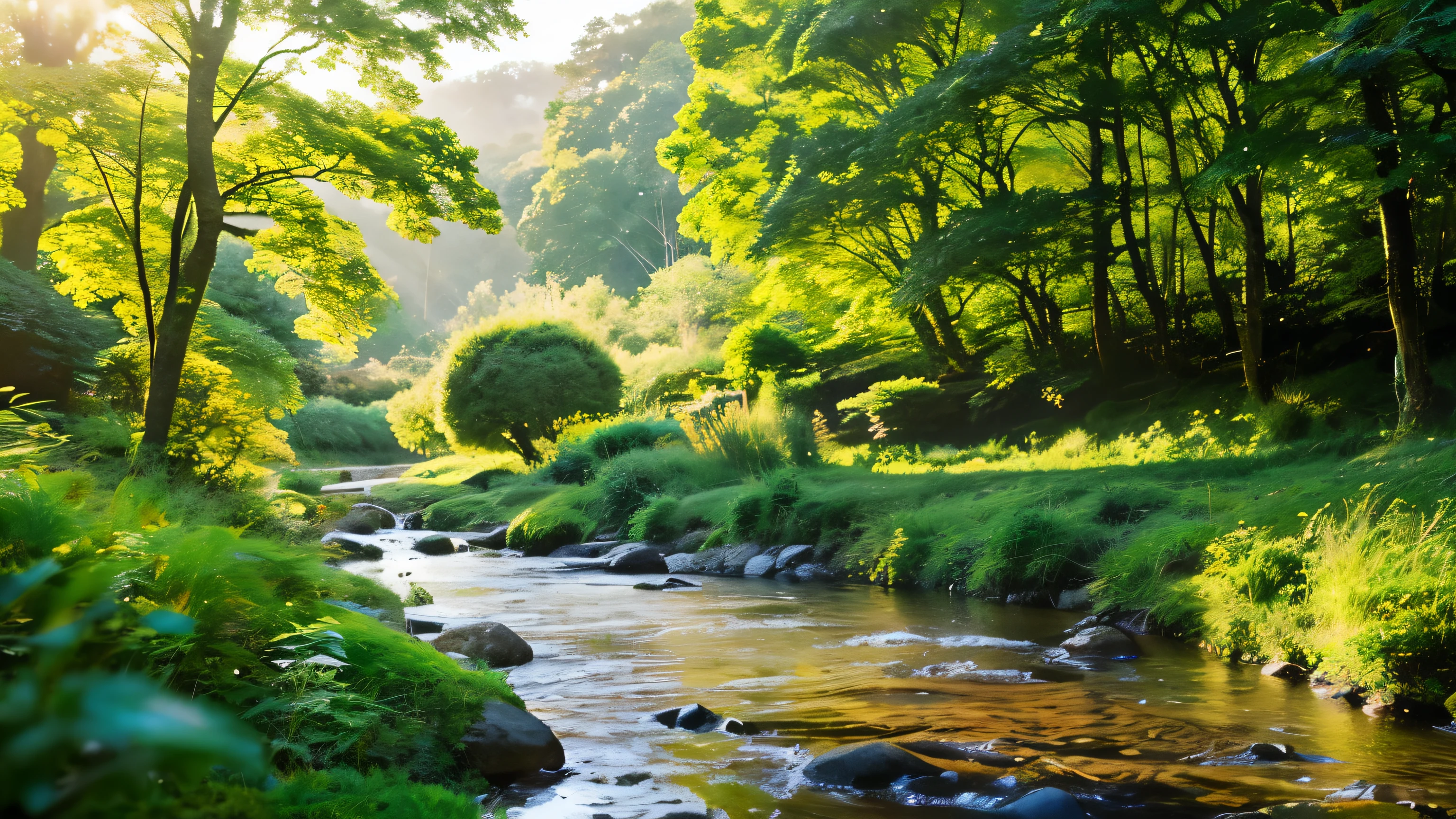 I took a photo of a peaceful moment spent in nature..。wood々Imagine a peaceful landscape bathed in soft morning light.。.。a gentle meandering stream、Surrounded by lush greenery。The overall atmosphere is calm and connected to the natural world.、Highlights the beauty and serenity of outdoor moments。