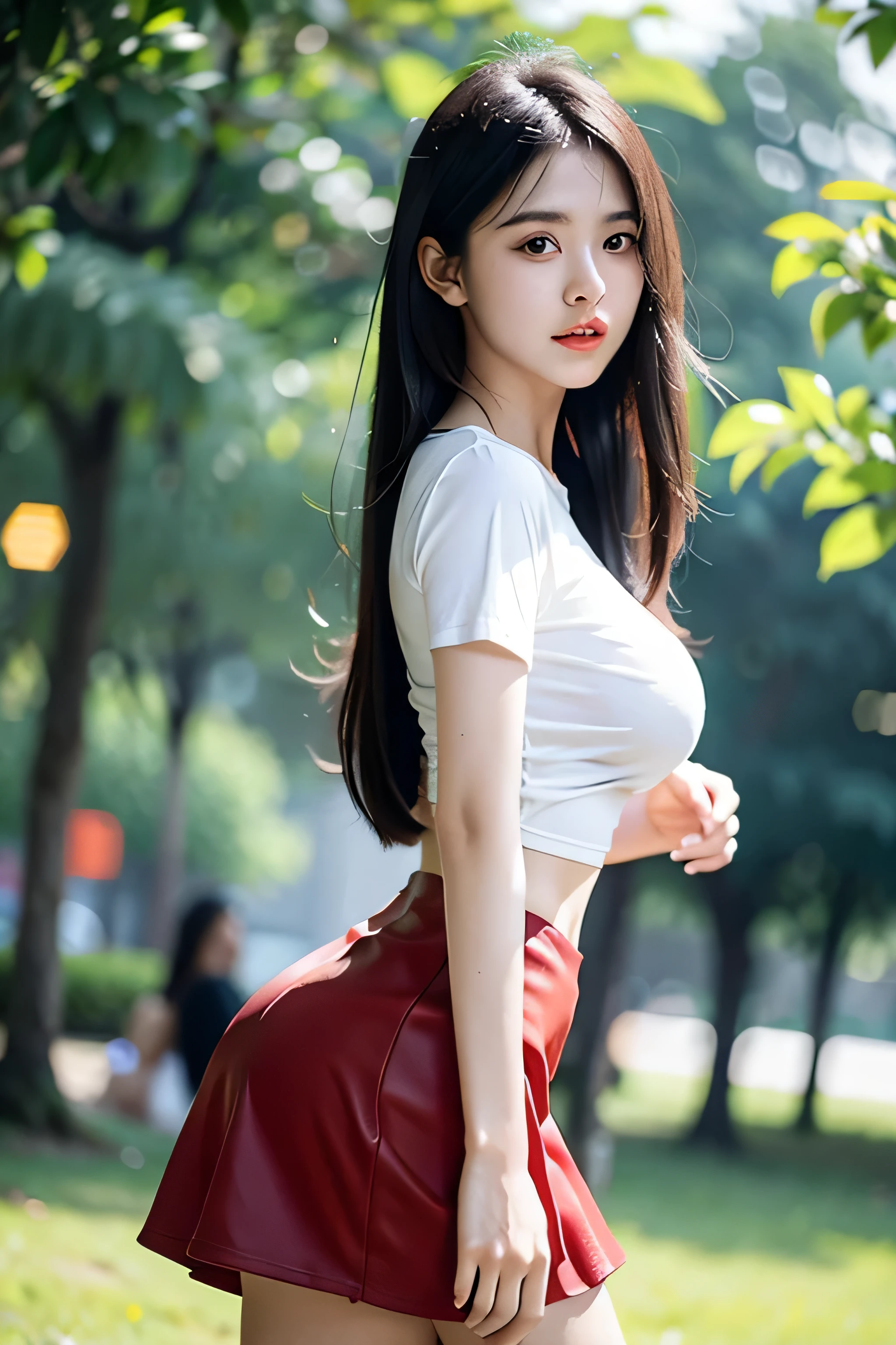 1 girl,tight shirt,Front-less shirt,big breasts,The figure is very thin.,short skirt,Looks very beautiful,Eye slits,Long straight black hair,Hair spreads in the air,20 year old girl,crowded park background(Bokeh),realistically,high resolution